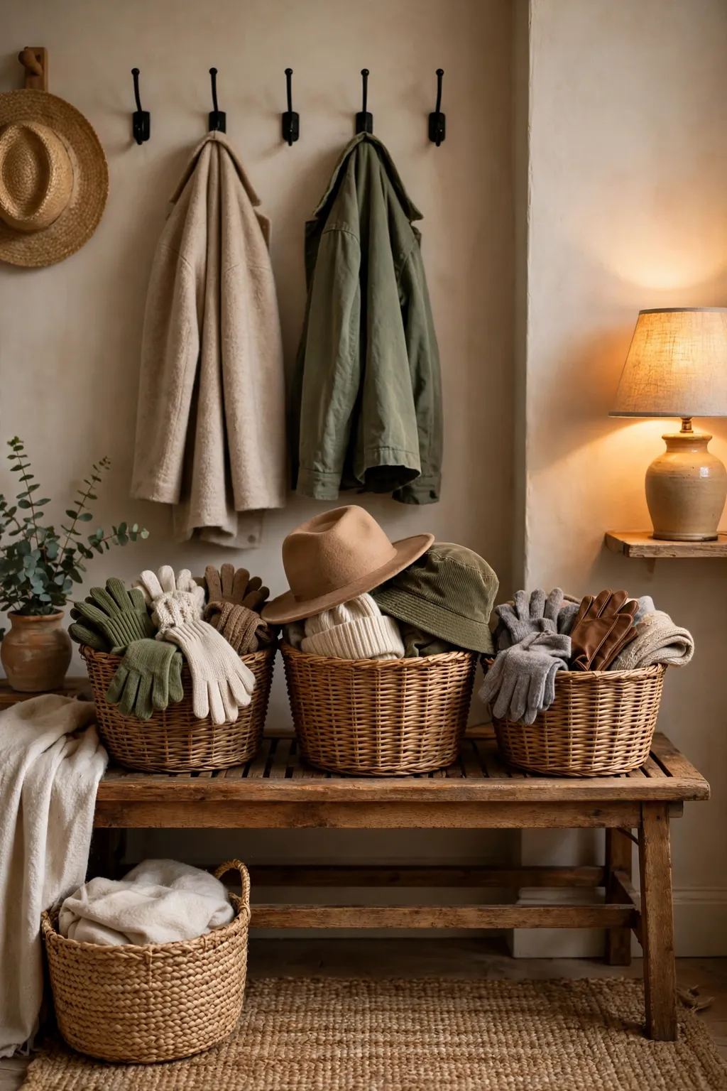 Labeled woven baskets on an entryway bench holding hats and gloves