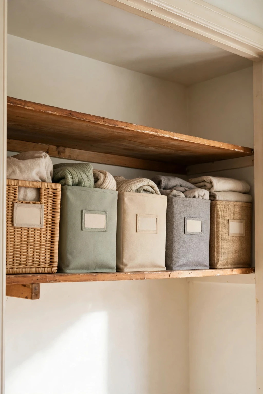 Top closet shelf with labeled dollar-store bins in a row