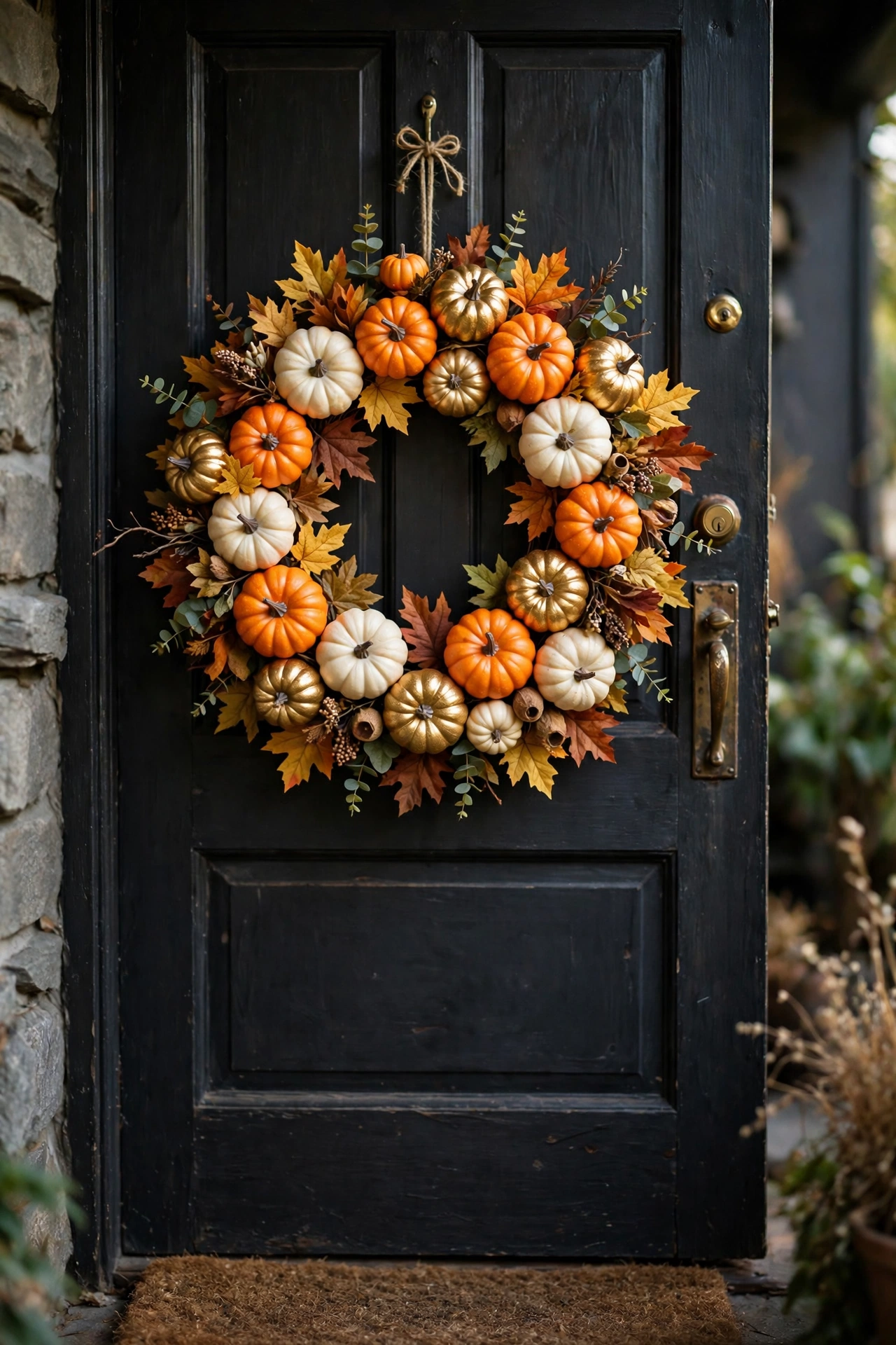 Mini foam pumpkin wreath with fall leaves hanging on a front door