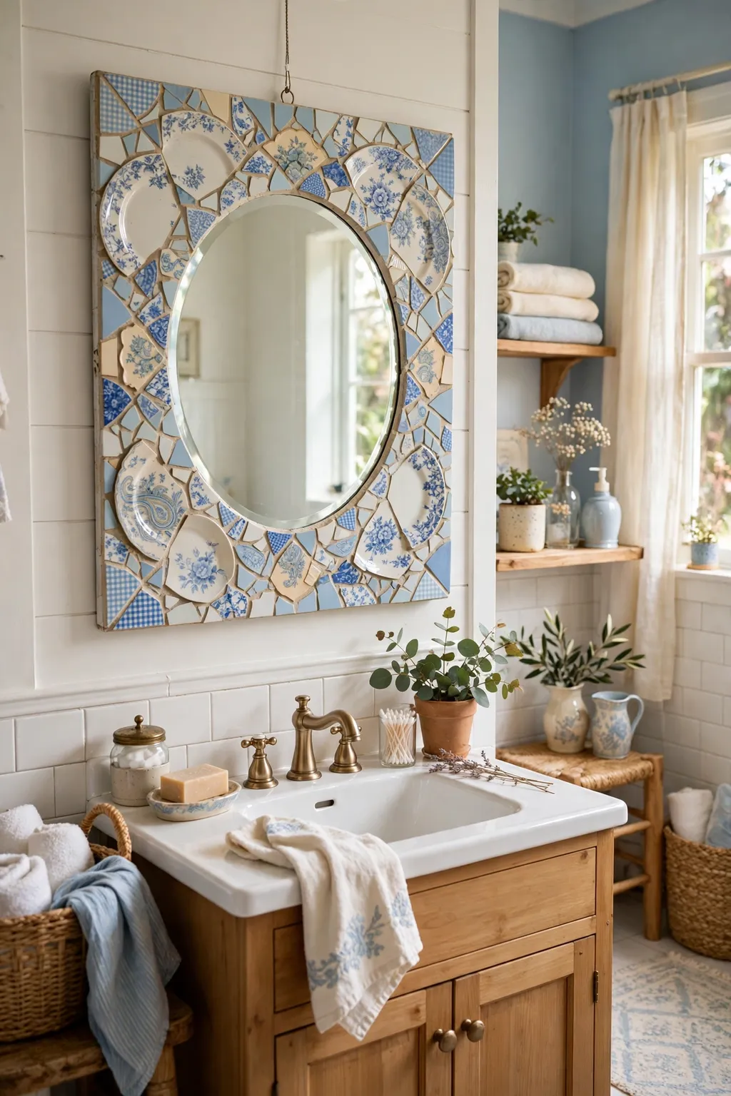 Thrifted mirror framed with broken china mosaic tiles in blue and cream