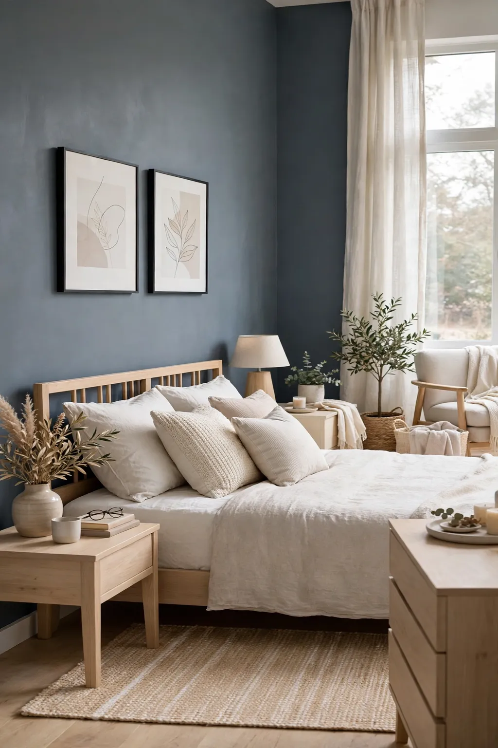 Modern bedroom with soft navy-grey walls and light furniture