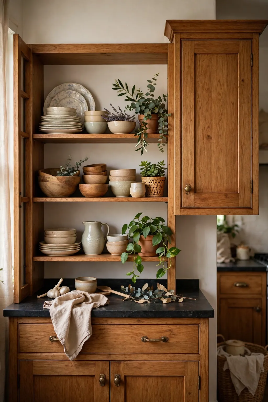 Open kitchen shelving with dishes, plants, and wooden bowls in a cozy kitchen