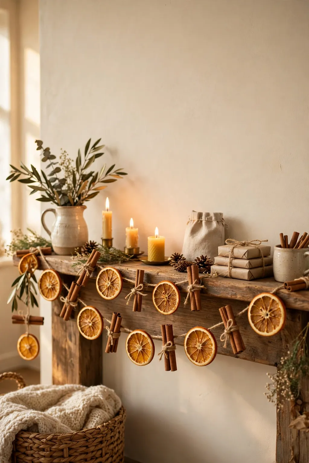 Dried orange slice and cinnamon garland on a Christmas mantel