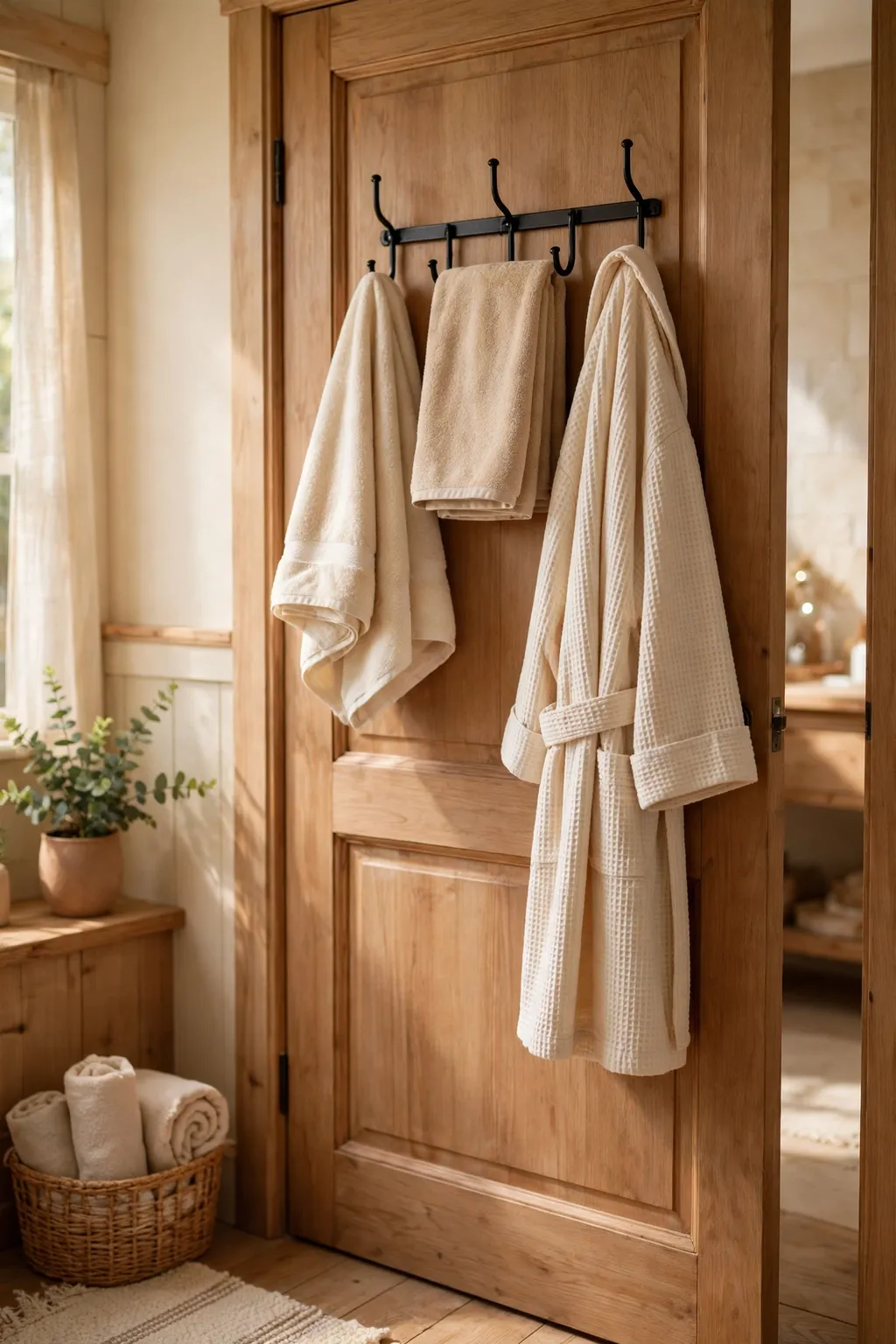 Over-door hooks on the back of a bathroom door holding folded towels and a robe