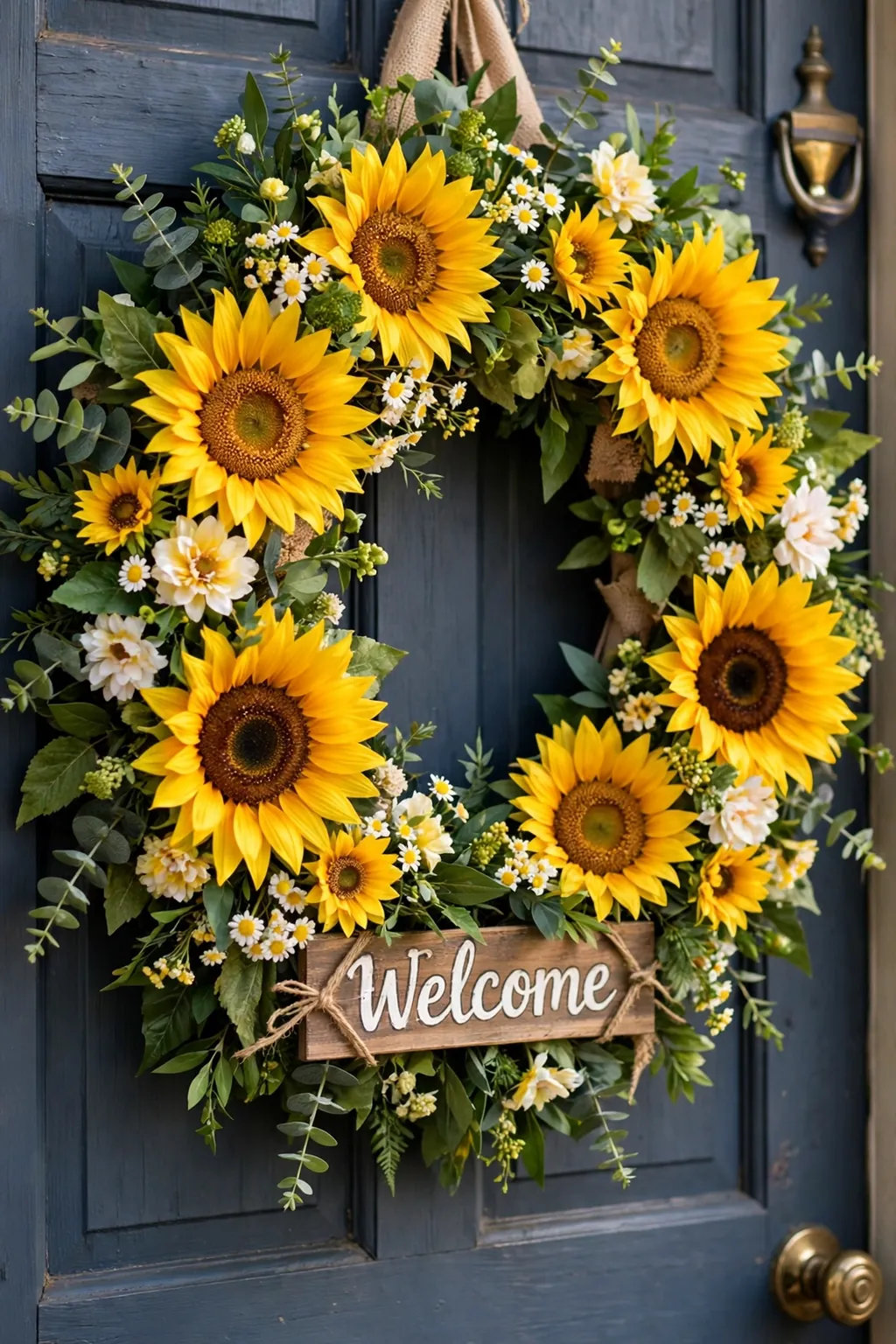 Sunflower welcome wreath with large yellow blooms on a front door