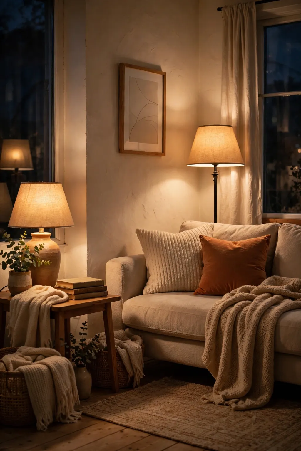 Small living room lit by warm table and floor lamps in the evening