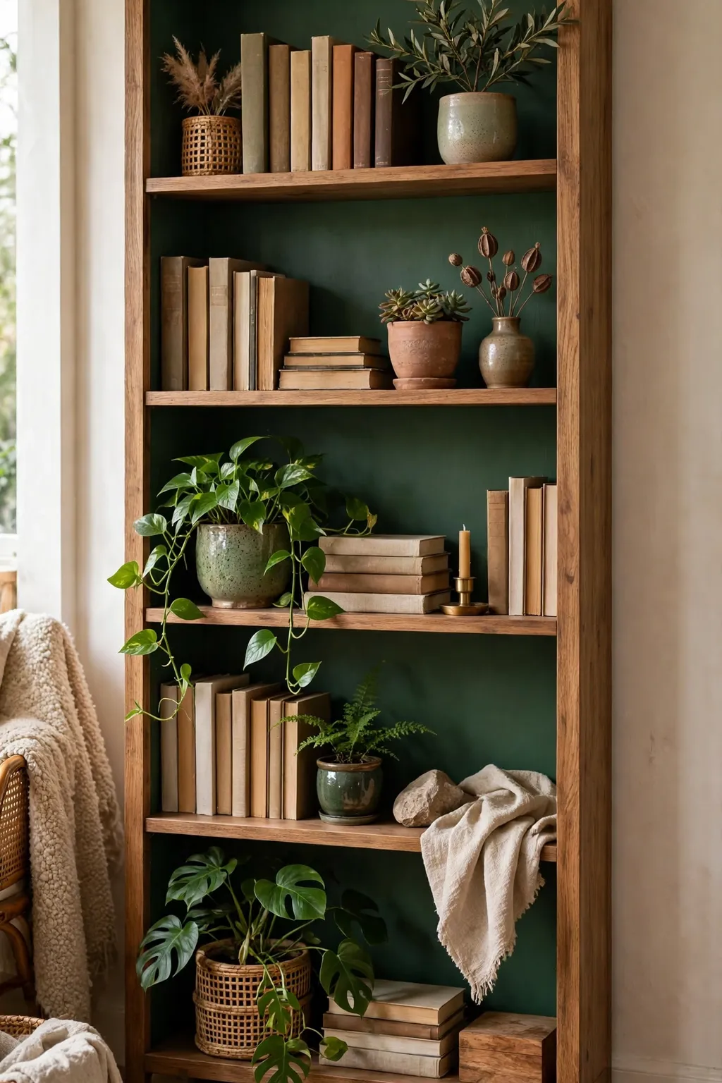 Wooden bookshelf with a deep green painted back panel holding books and plants