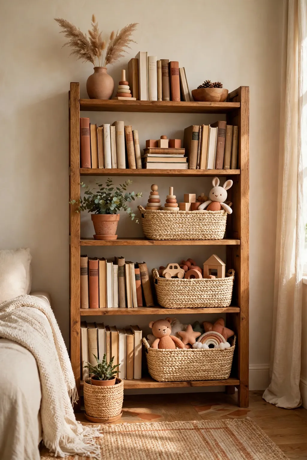 Bookshelf in a small living room with matching woven baskets holding toys among books and plants
