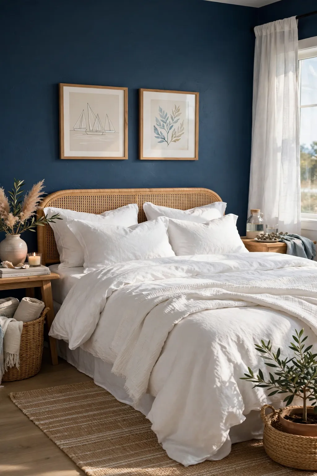 Relaxed bedroom with coastal navy blue walls and white linen bedding