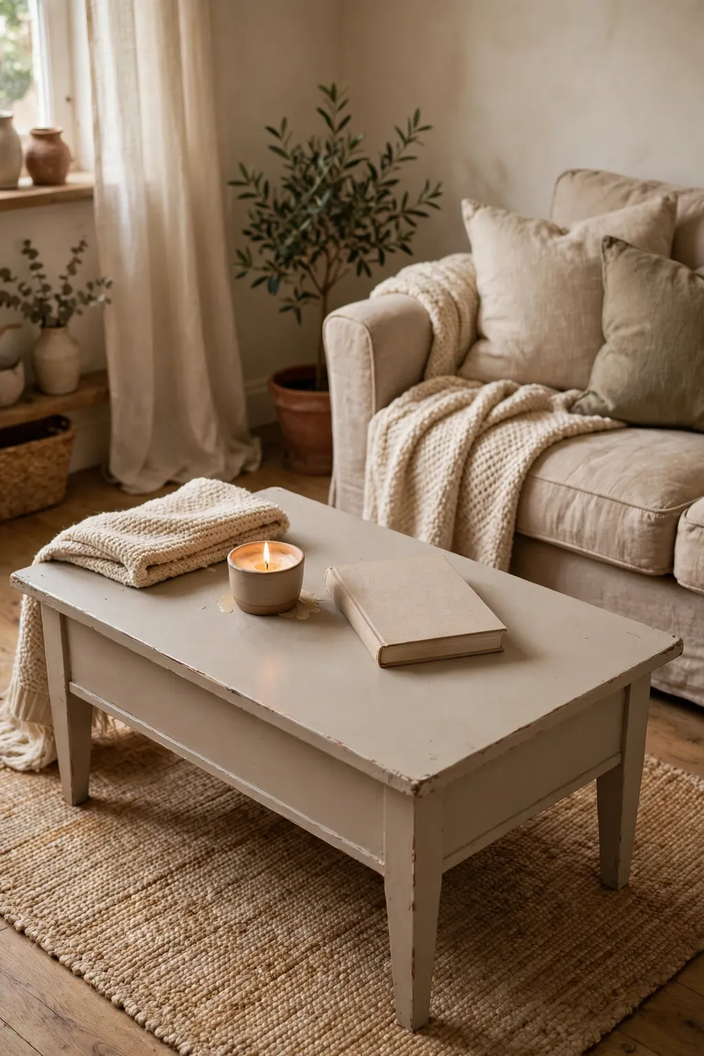 Thrifted wooden coffee table painted a soft neutral colour in a small living room
