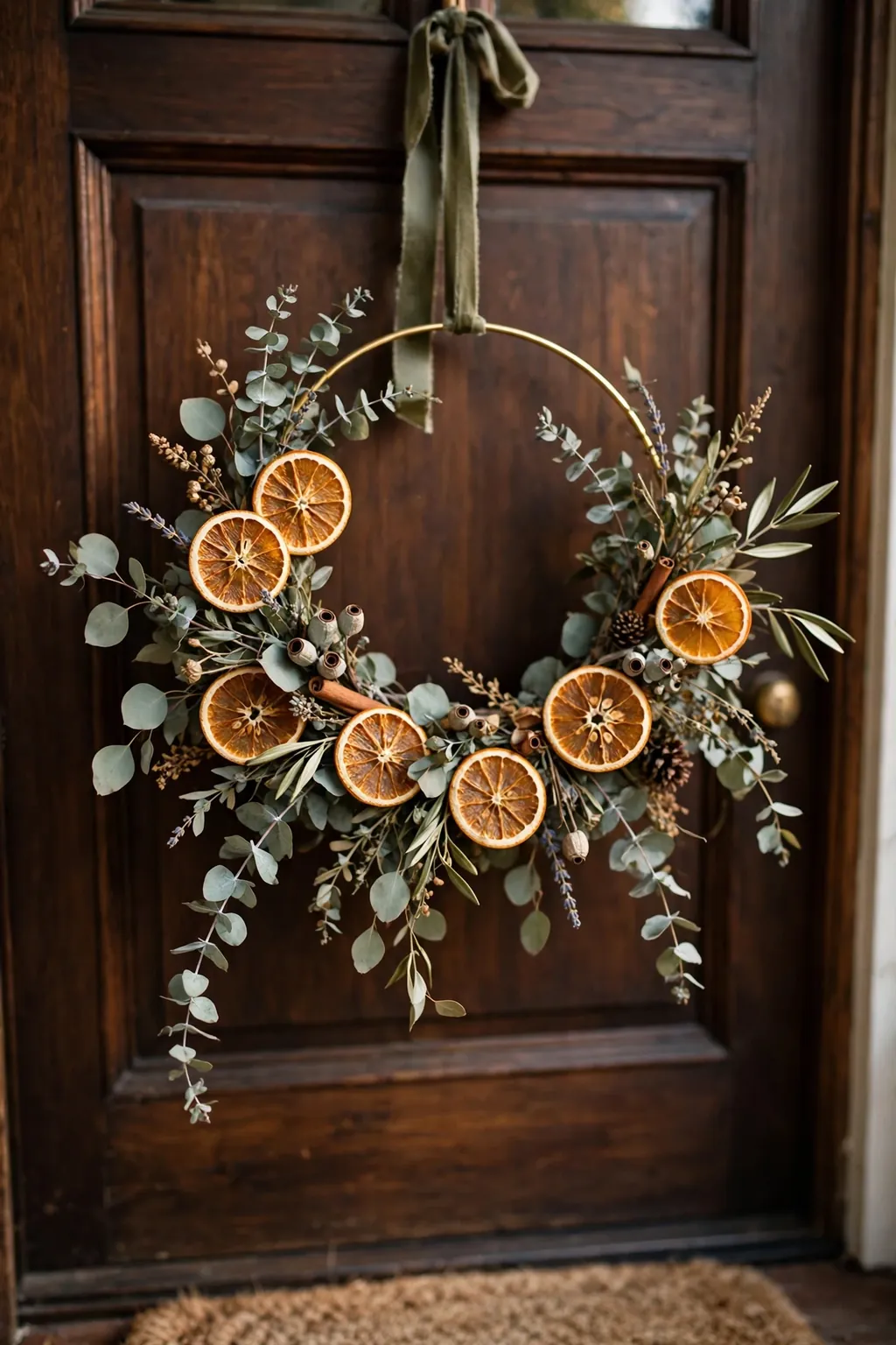 Eucalyptus and dried orange wreath on a simple hoop on a front door