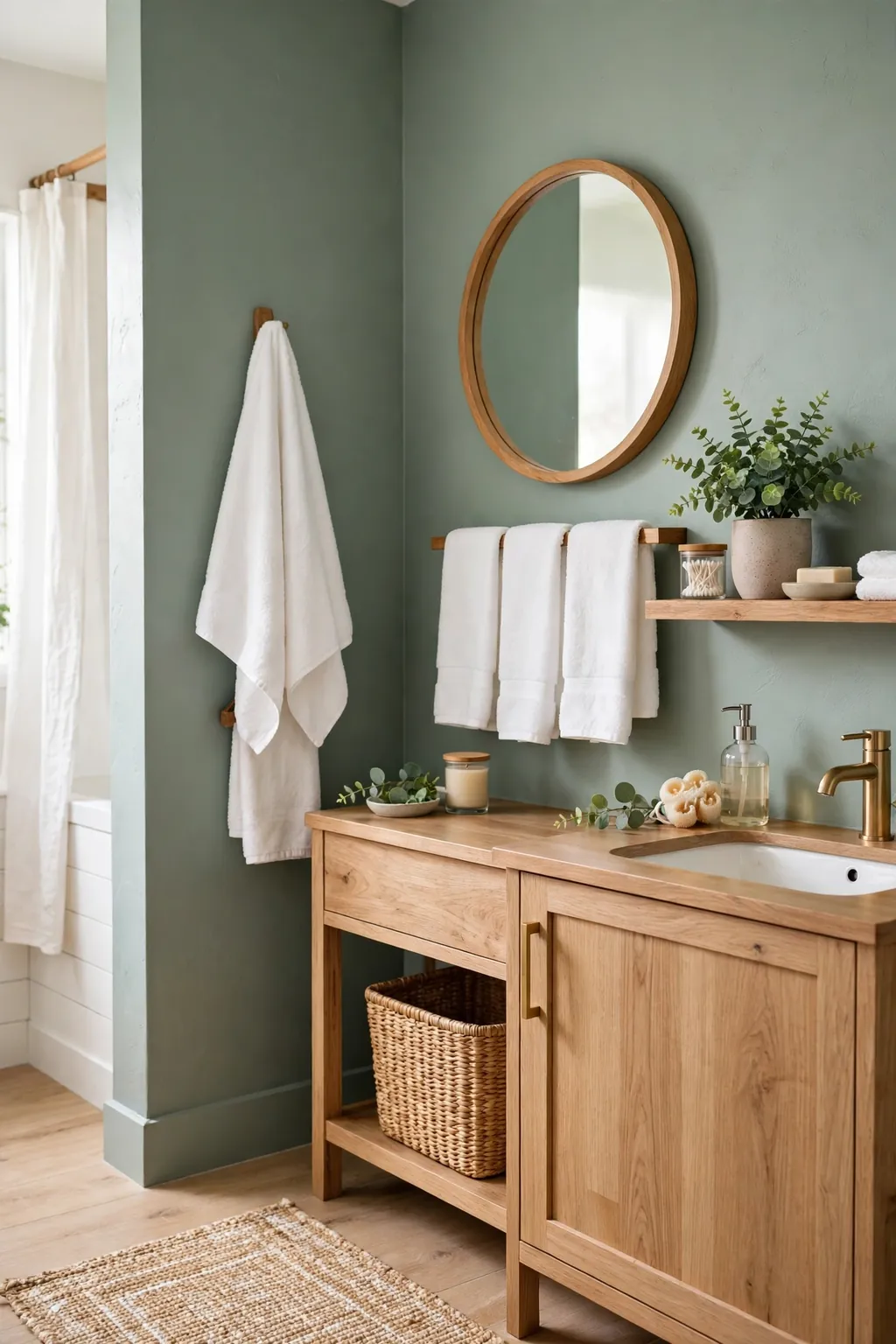 Bathroom with eucalyptus sage green walls and white towels