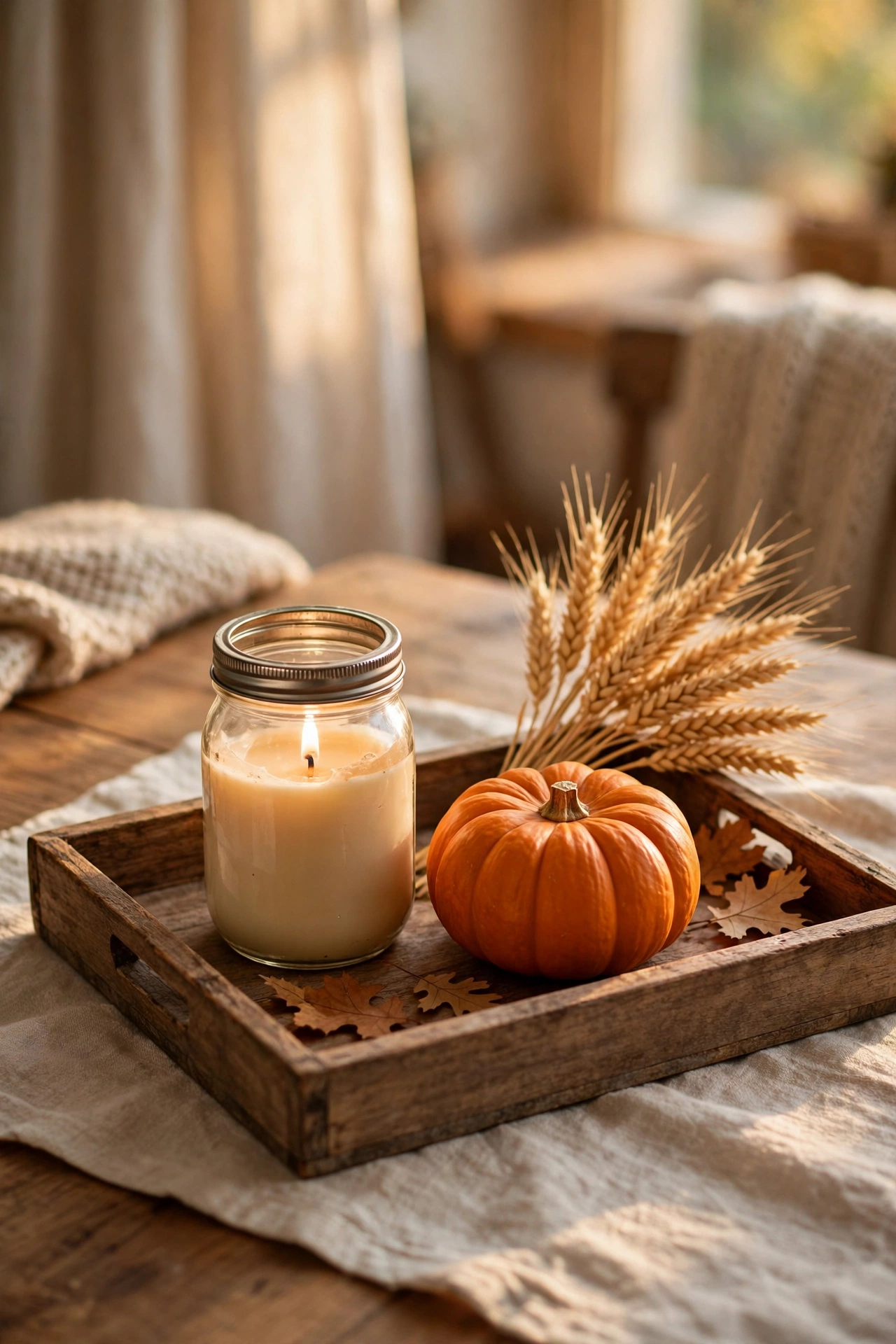Wooden tray fall centerpiece with a candle, small pumpkin and faux wheat