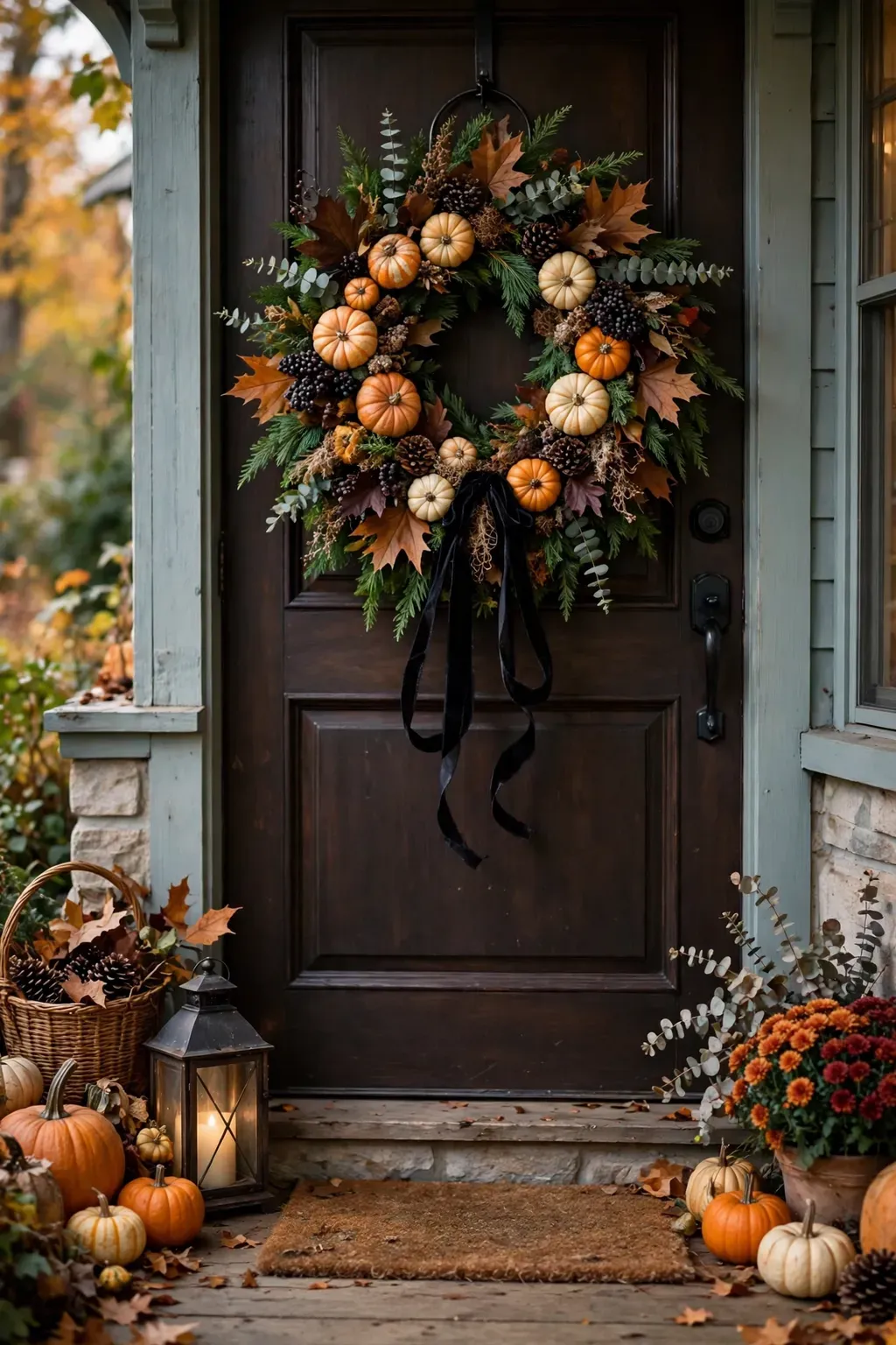 Halloween wreath with mini pumpkins and black ribbon on a front door