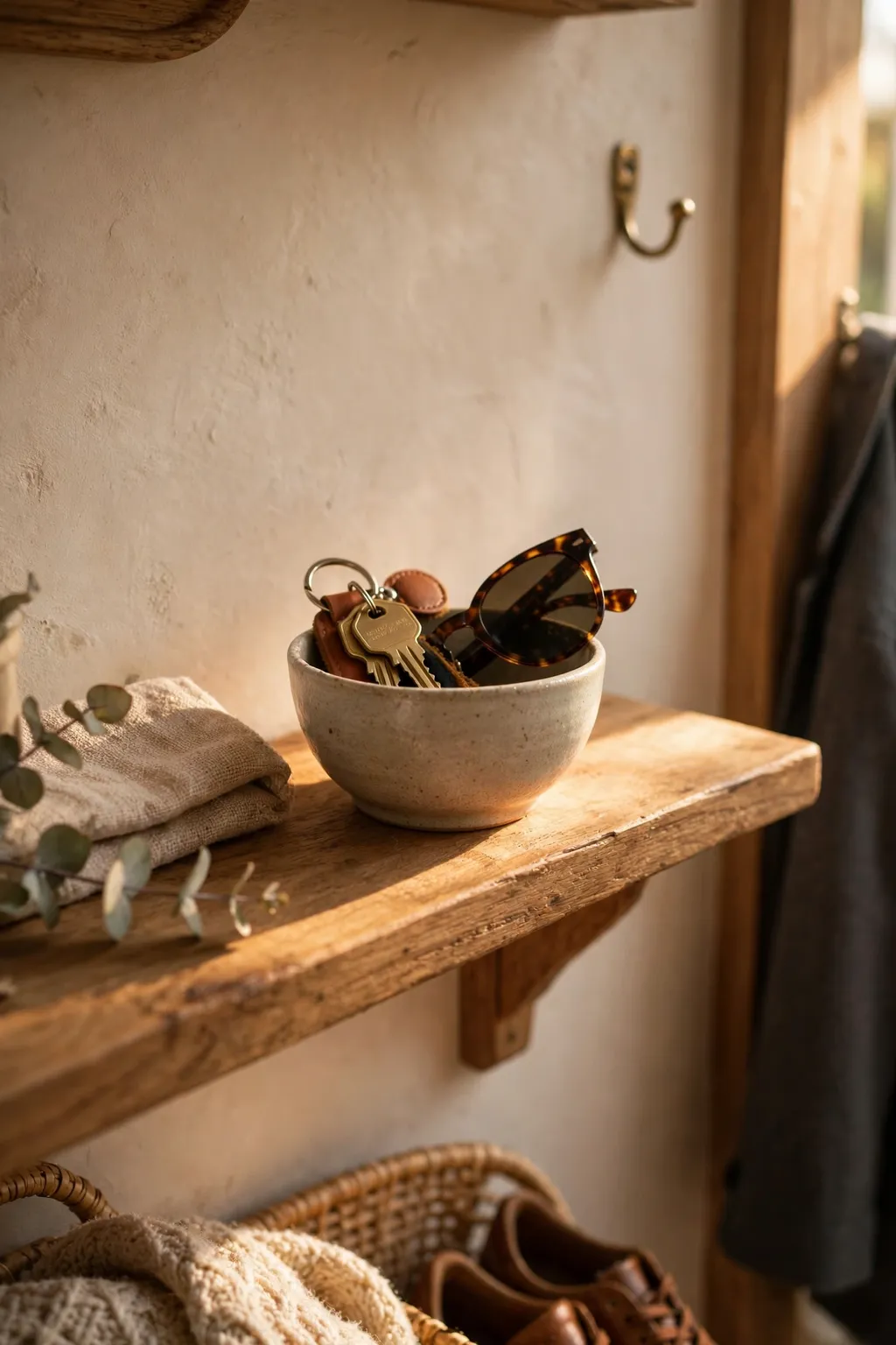 Small ceramic bowl on an entryway shelf holding keys and sunglasses