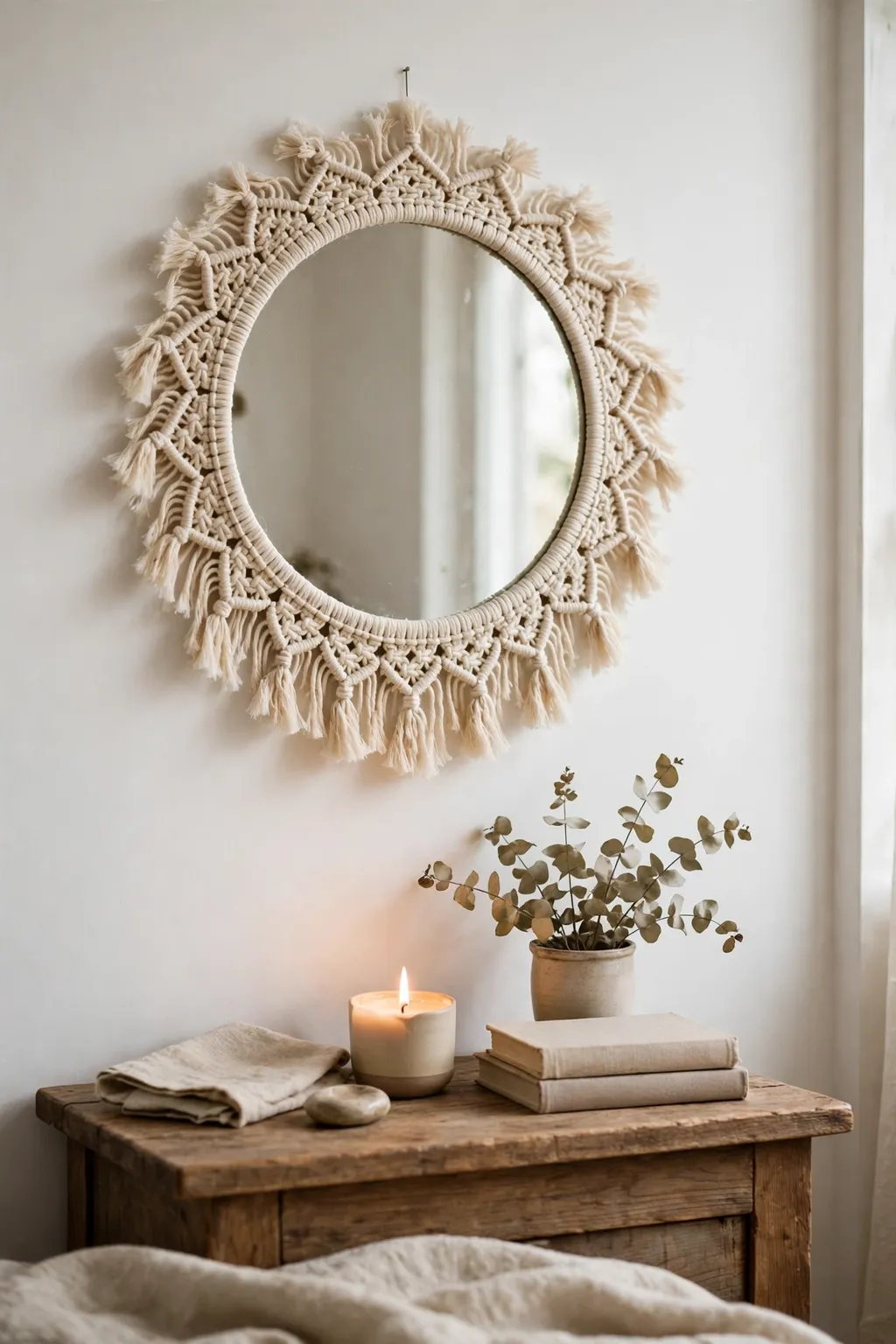 Round thrifted mirror with cream macrame fringe frame on a bedroom wall