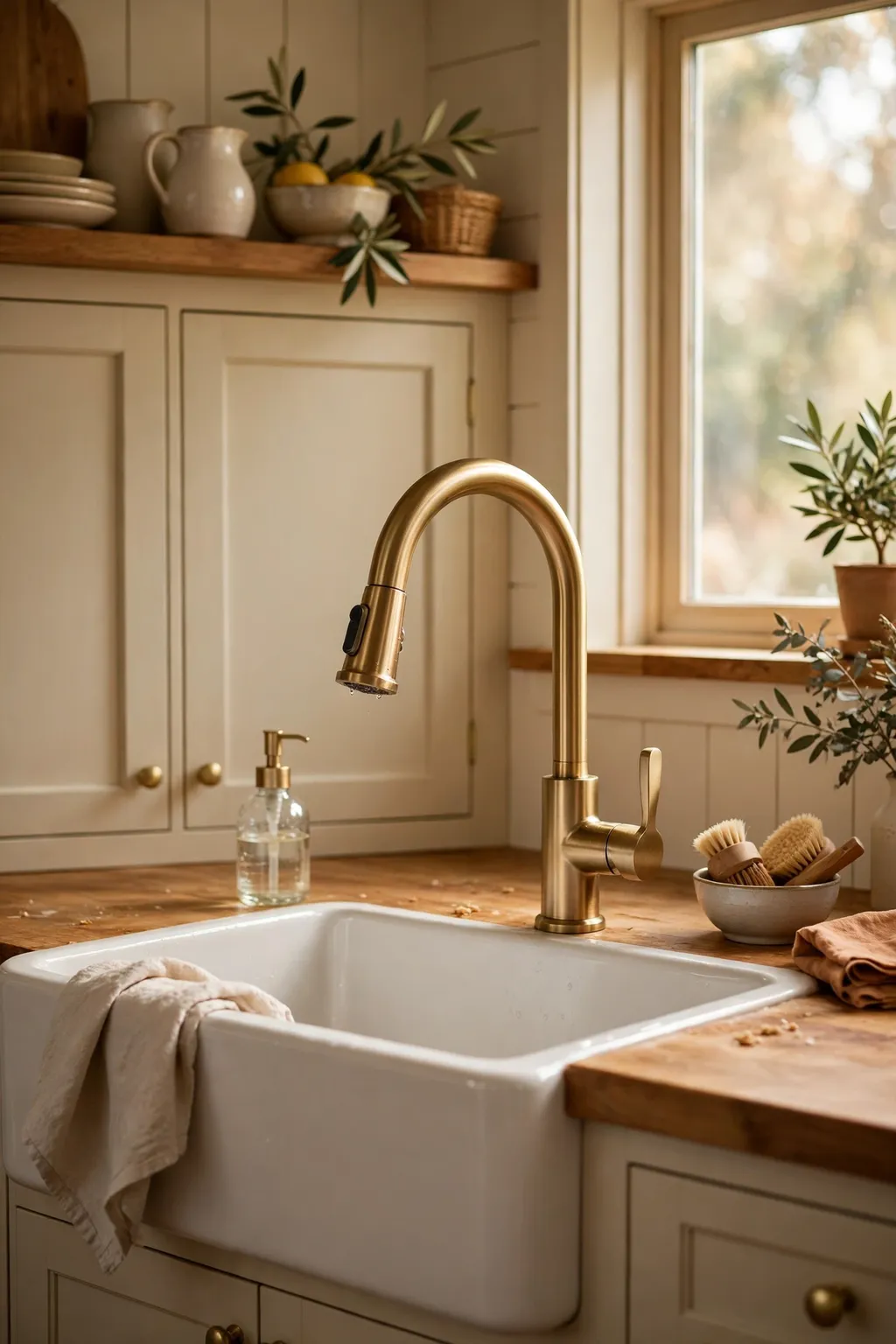 New brushed brass kitchen faucet over a farmhouse sink in a cozy kitchen