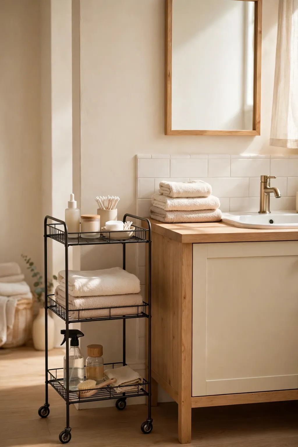 Slim three-tier rolling cart beside a bathroom vanity holding skincare, towels and cleaning supplies