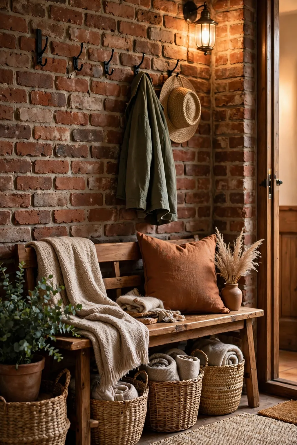 Entryway painted rustic brick terracotta with a wooden bench and woven baskets