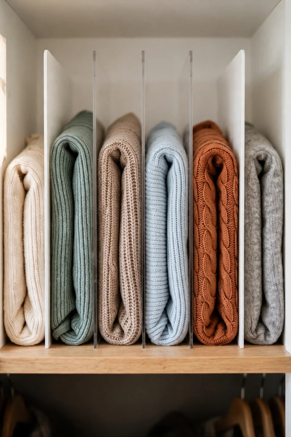 Closet shelf with dividers keeping folded sweaters in neat stacks