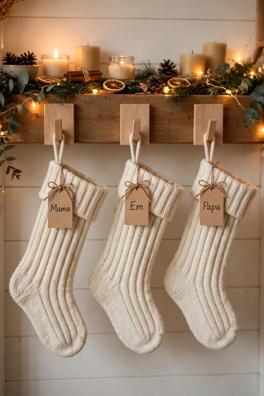 Knit Christmas stockings with kraft paper name tags on a mantel