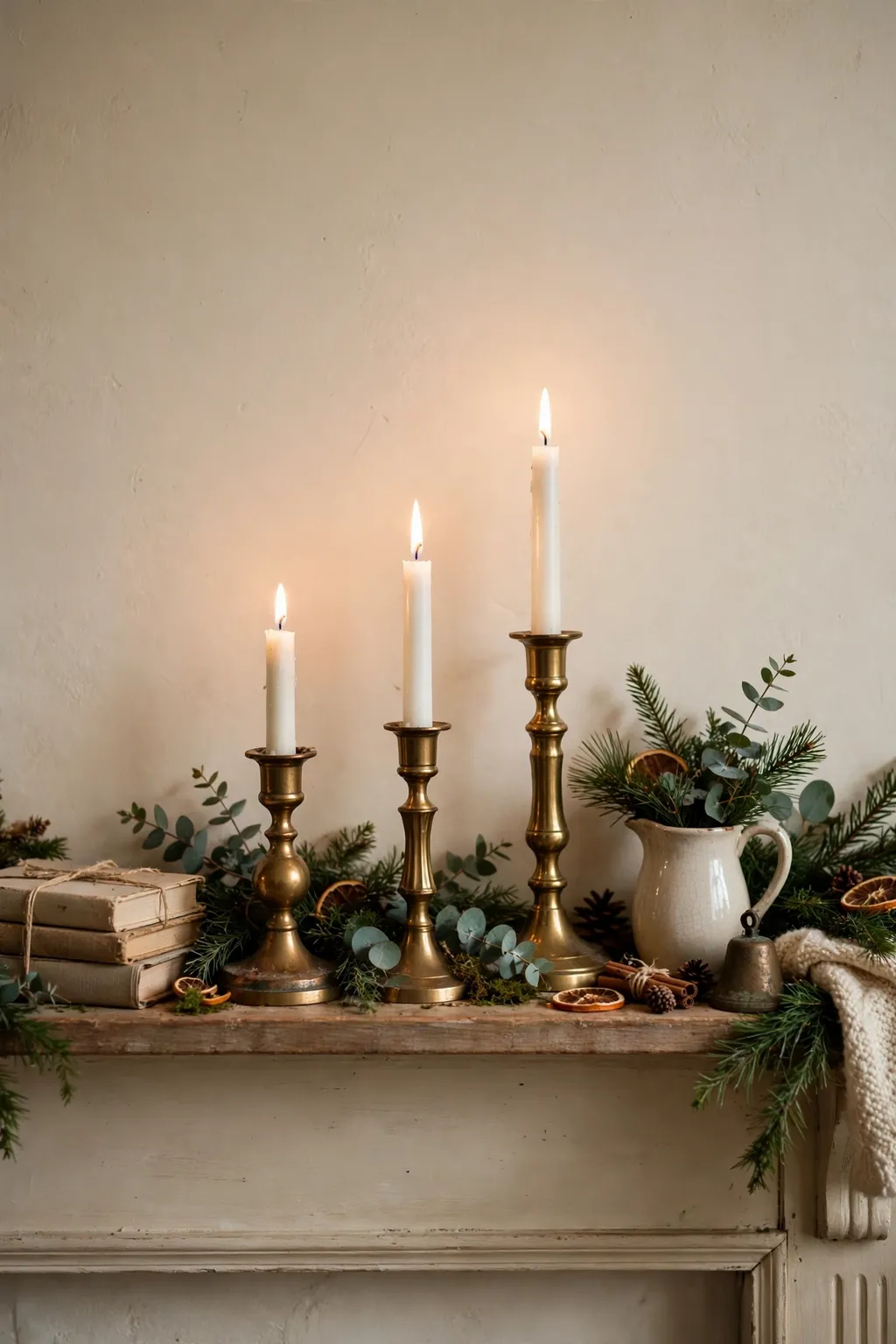 Thrifted brass candlesticks with taper candles on a Christmas mantel