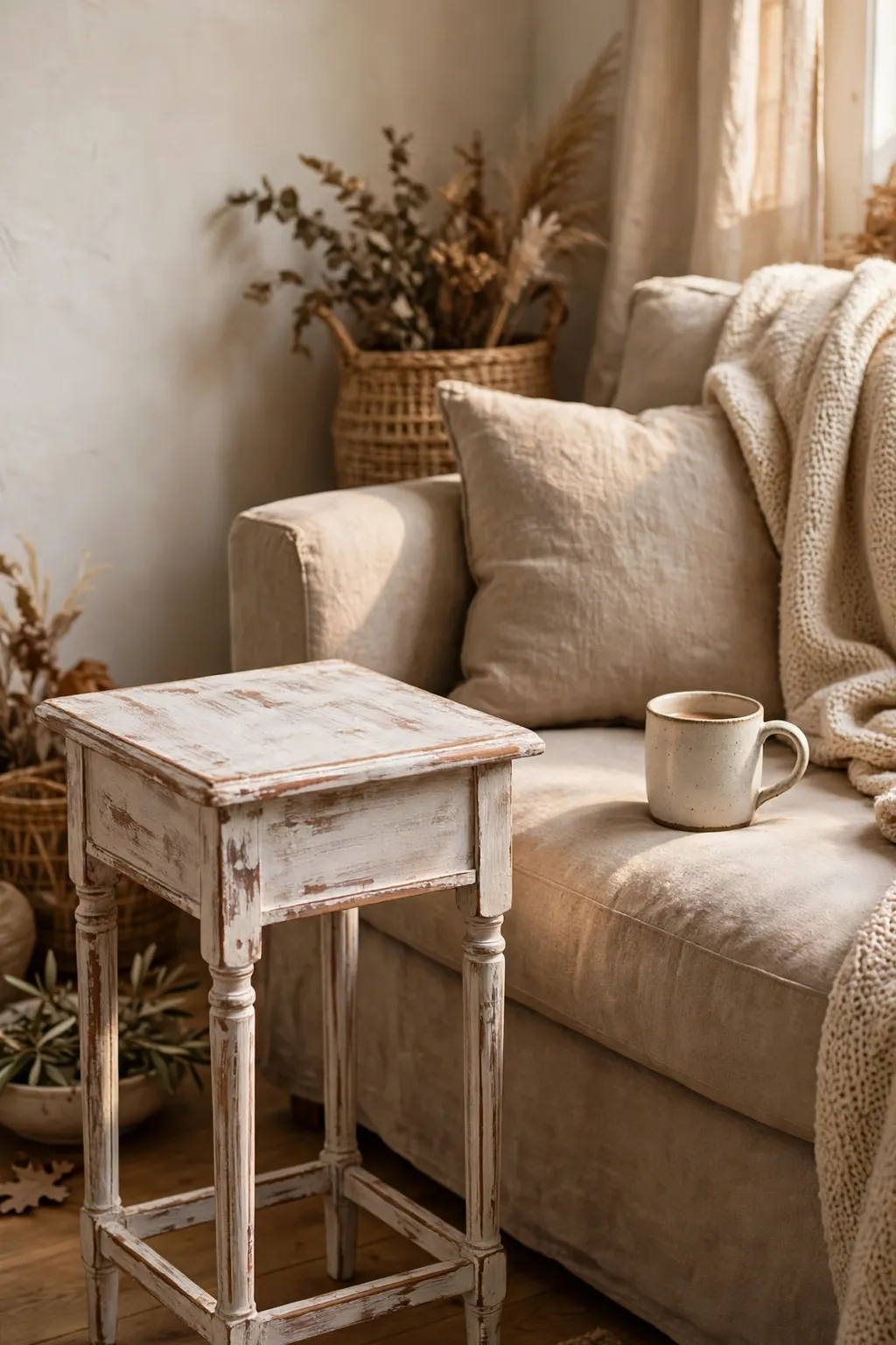 Small wooden side table with a distressed whitewash finish beside a sofa