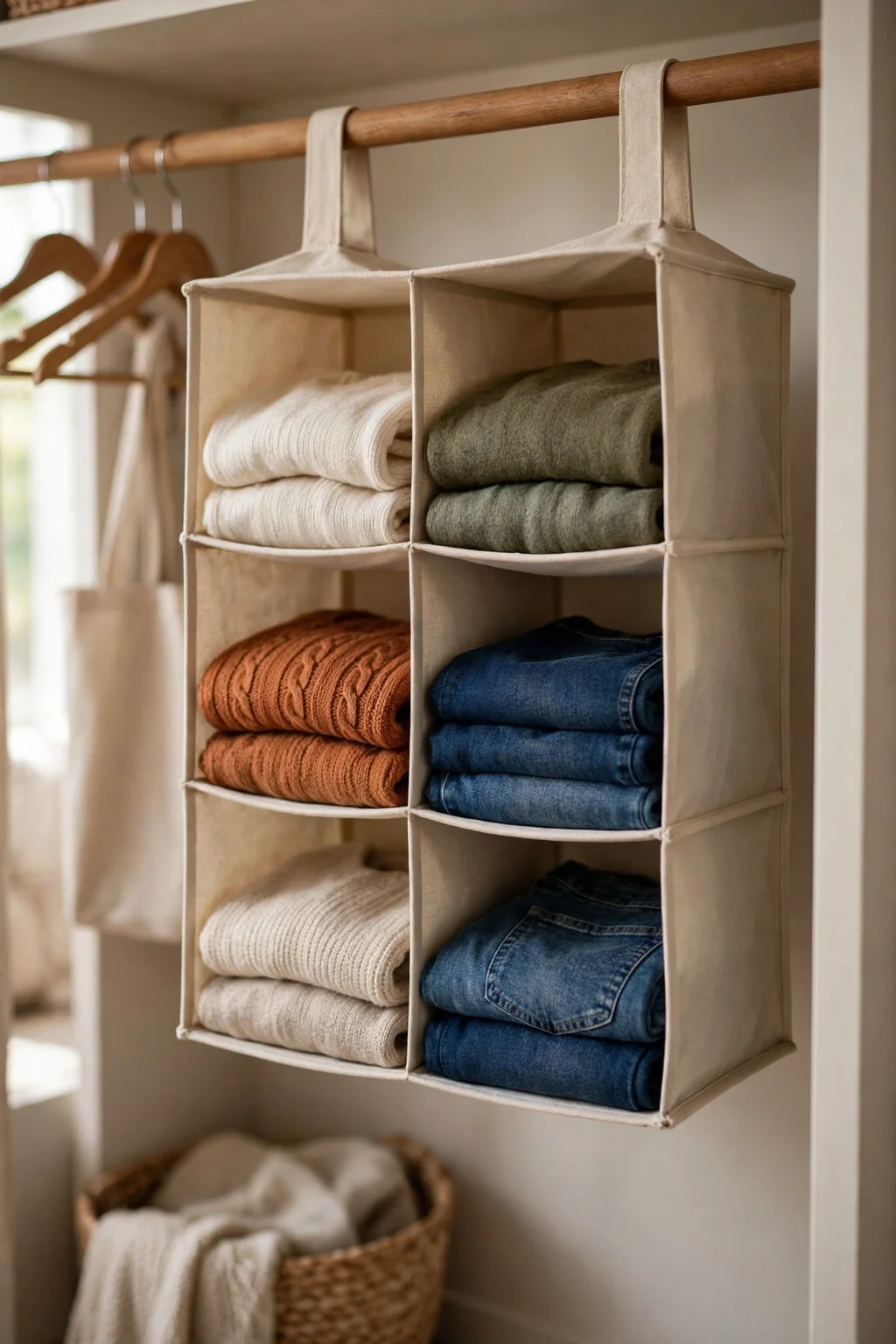 Hanging fabric shelf organizer with folded sweaters and jeans in a closet