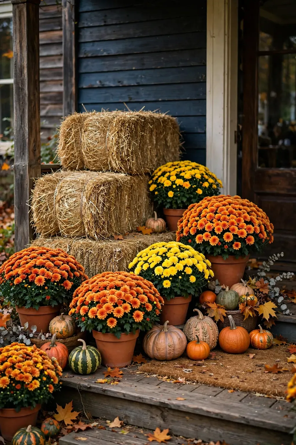 Hay bales stacked on a porch with potted orange mums and gourds