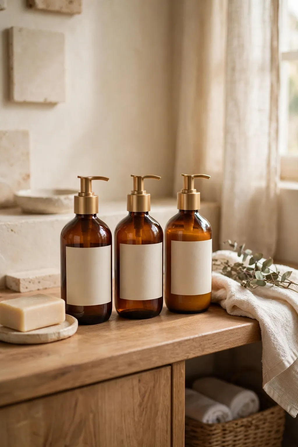 Matching amber pump bottles on a bathroom counter holding soap, lotion and shampoo