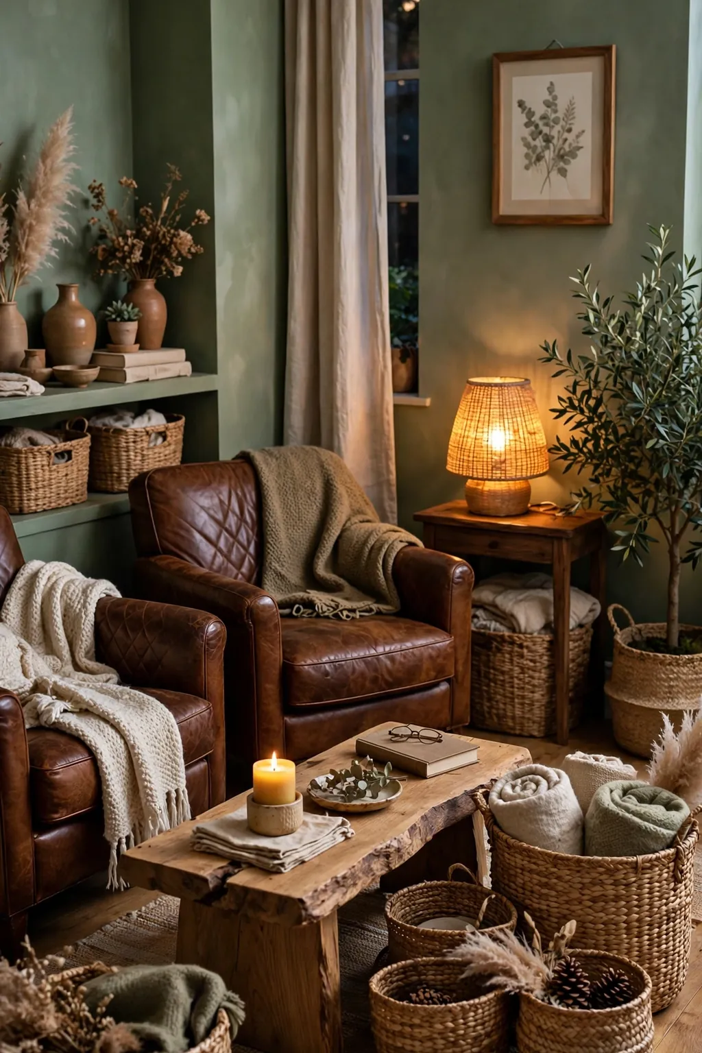 Family room with mossy sage green walls and warm lamplight