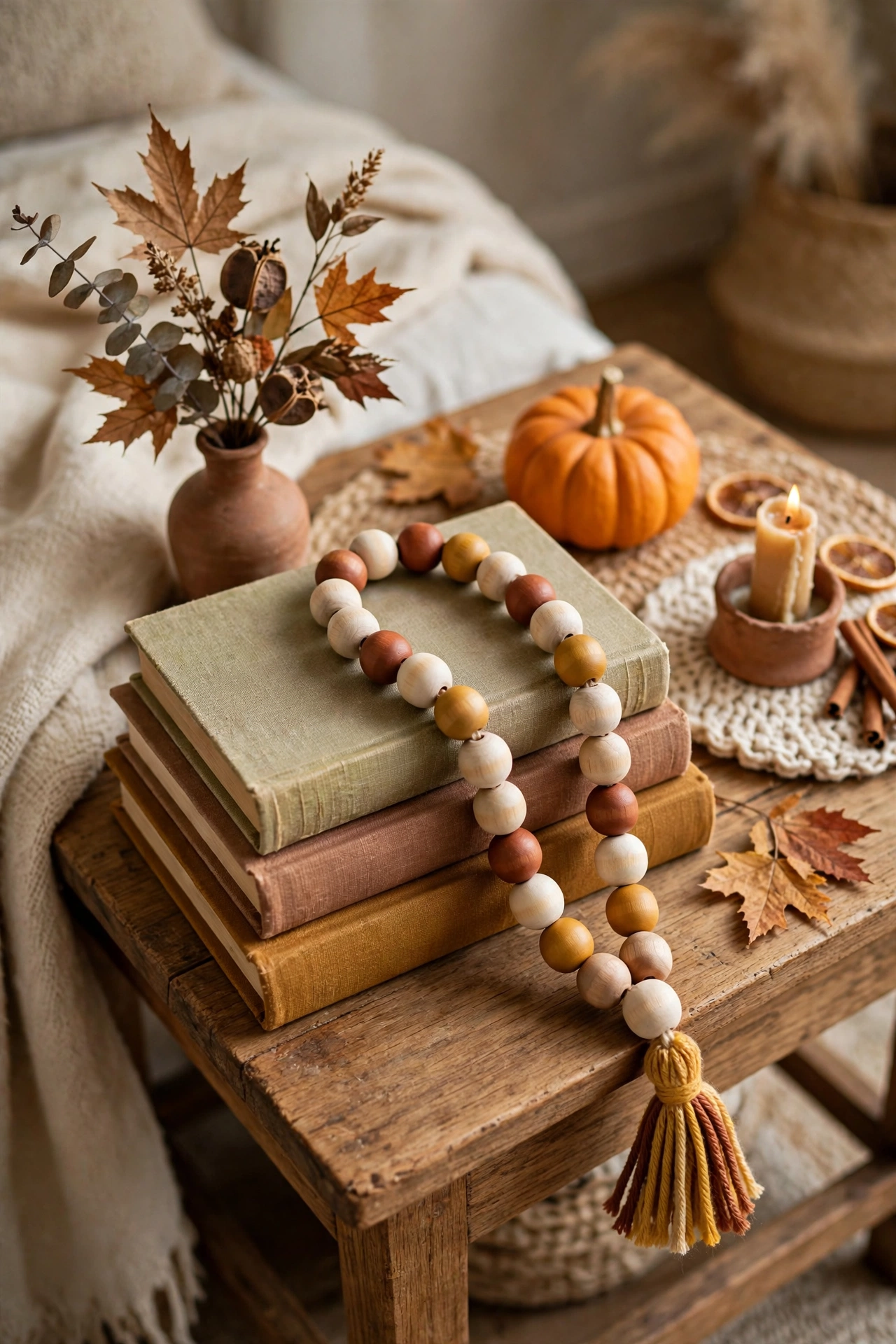 Painted wooden bead garland in fall colours draped over a stack of books