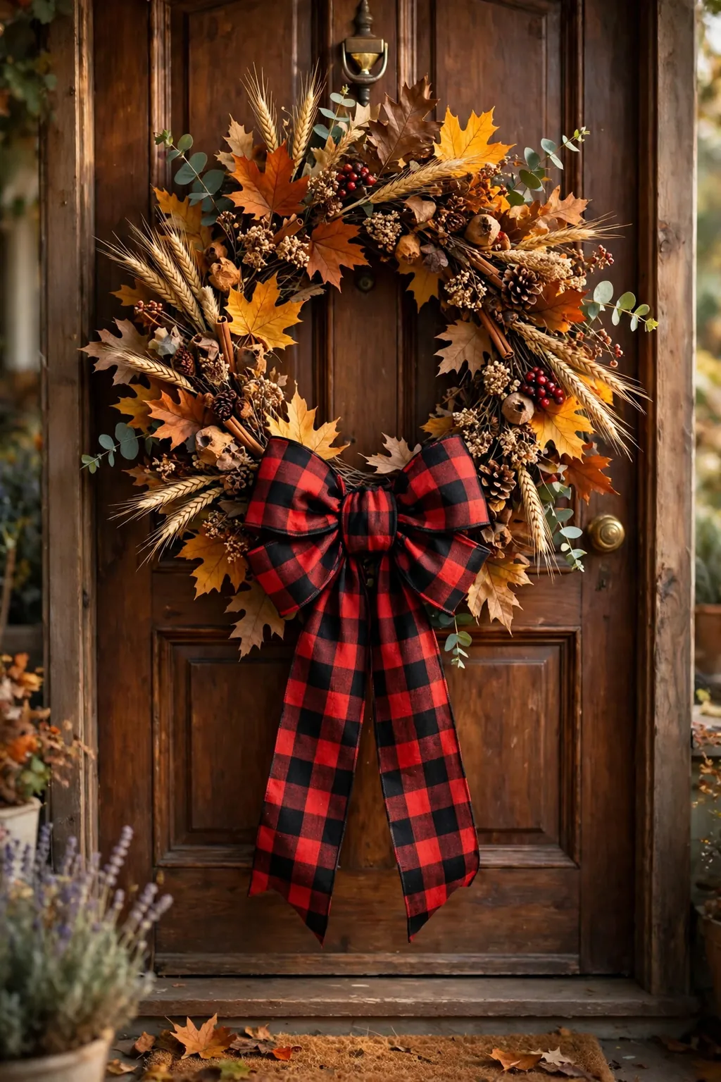 Harvest wreath with autumn leaves, wheat, and a large plaid bow