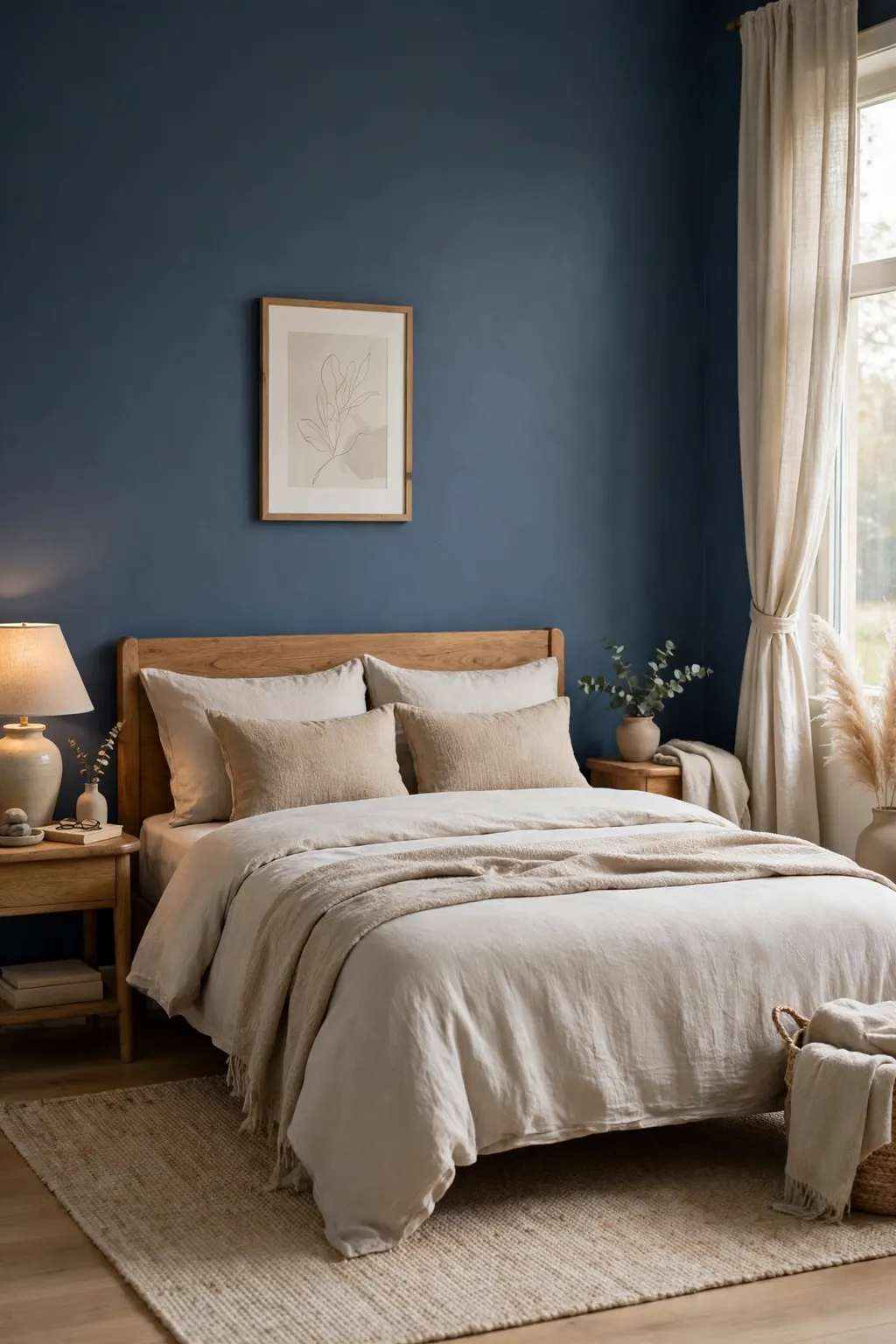 Calm bedroom with slate navy blue walls and neutral bedding