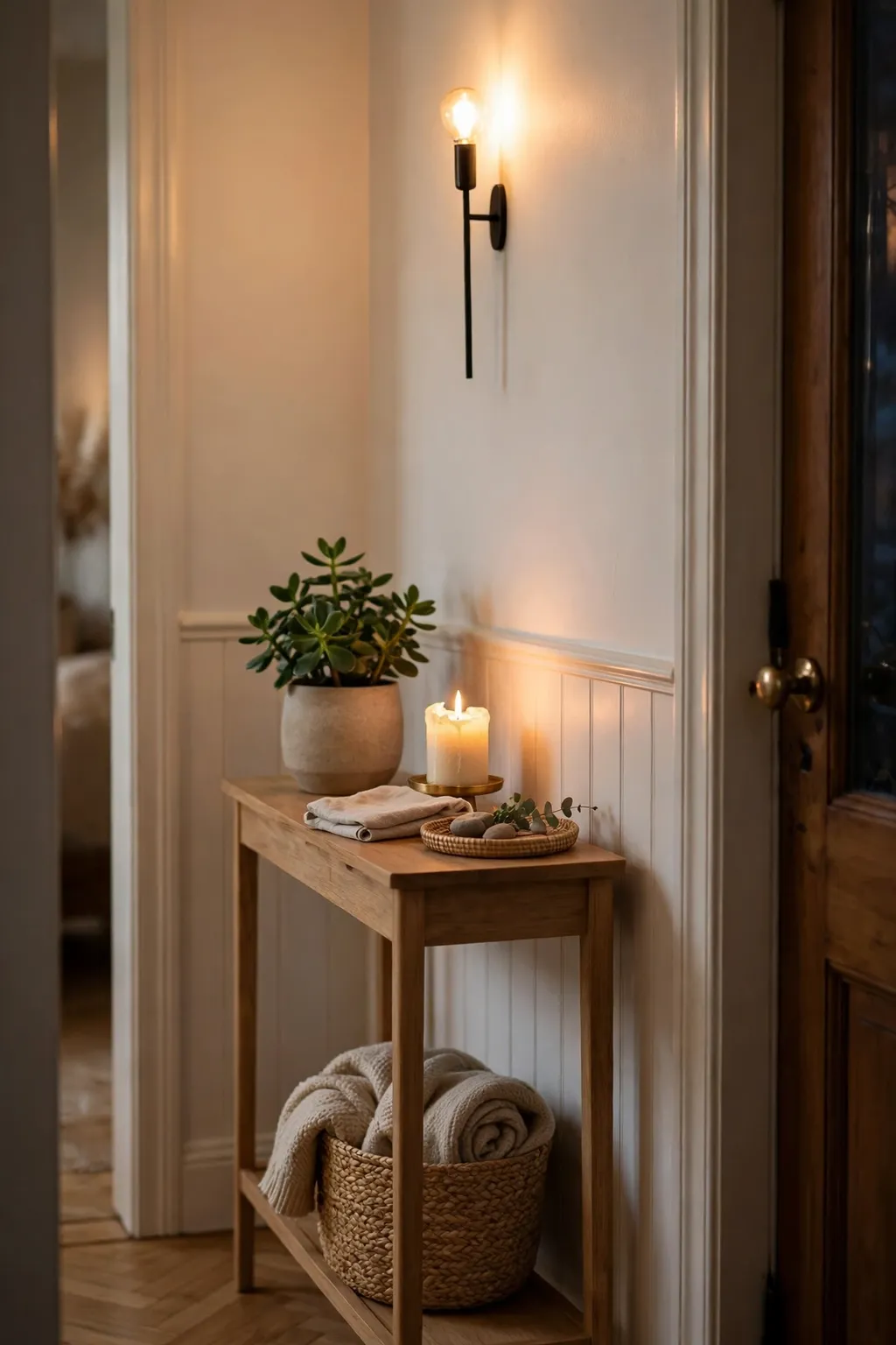 Slim console table in a narrow entryway styled with a candle and a small plant