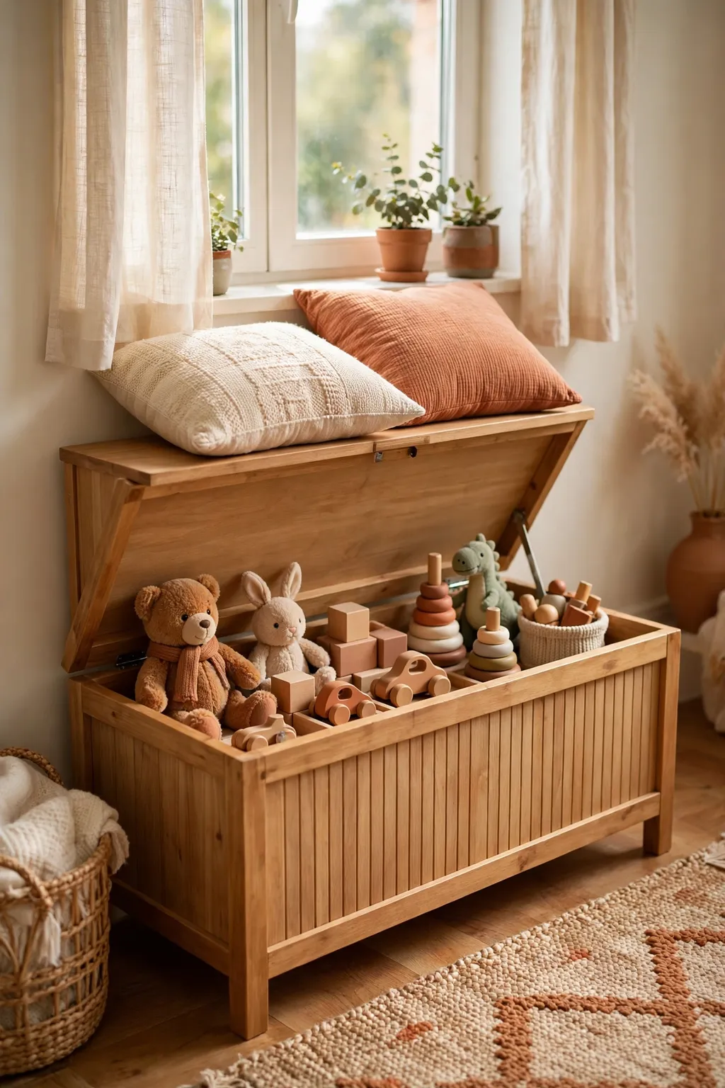 Window storage bench with its lid open showing toys inside, in a bright small living room