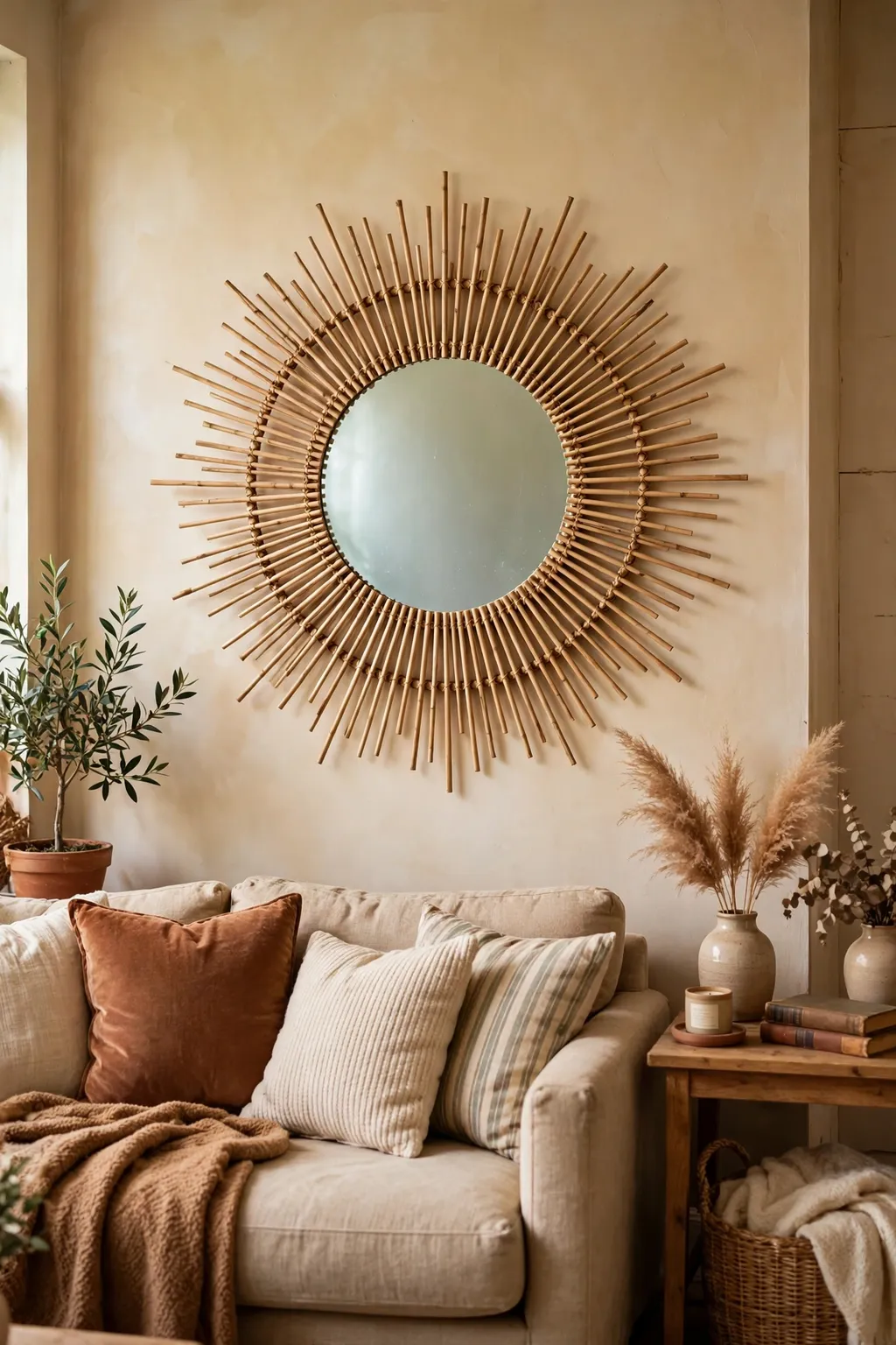 Thrifted mirror turned into a sunburst mirror with wooden dowels on a living room wall