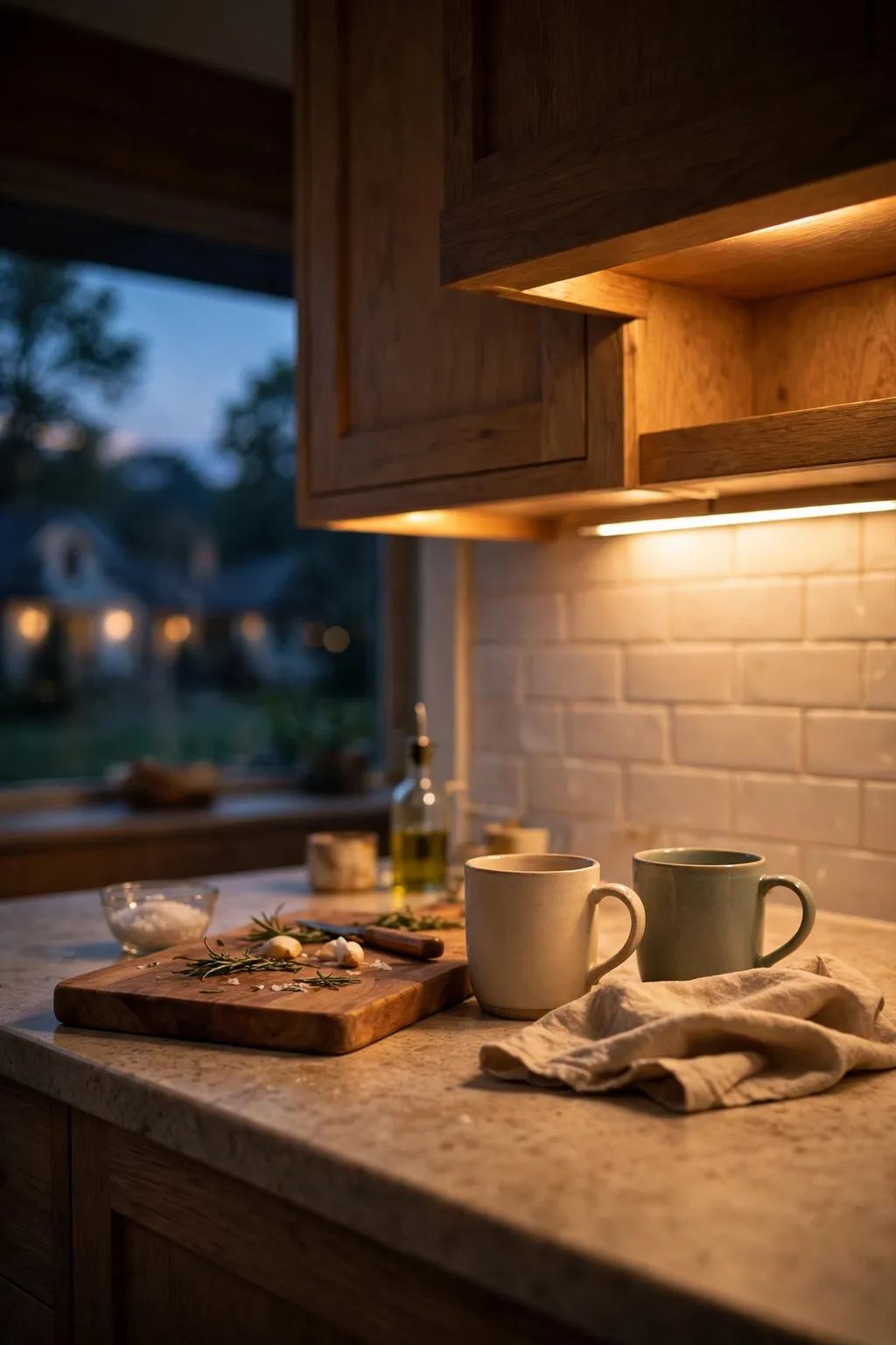 Warm under-cabinet lighting glowing over a cozy kitchen countertop