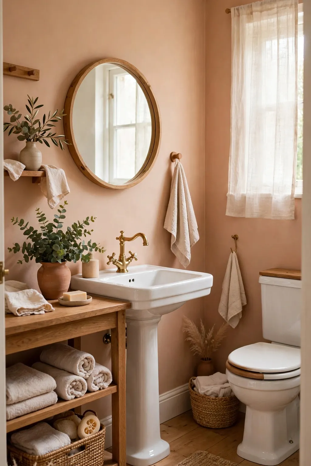 Small bathroom painted warm sandstone terracotta with white fixtures and wooden accents