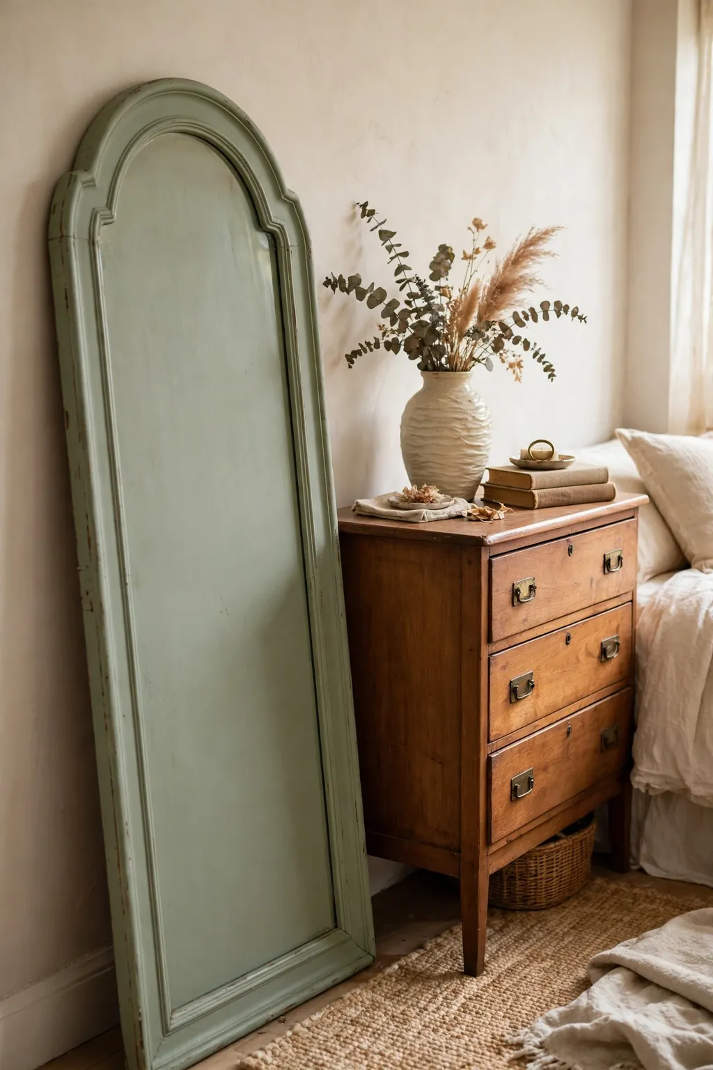 Thrifted arched mirror painted soft sage green leaning against a bedroom wall