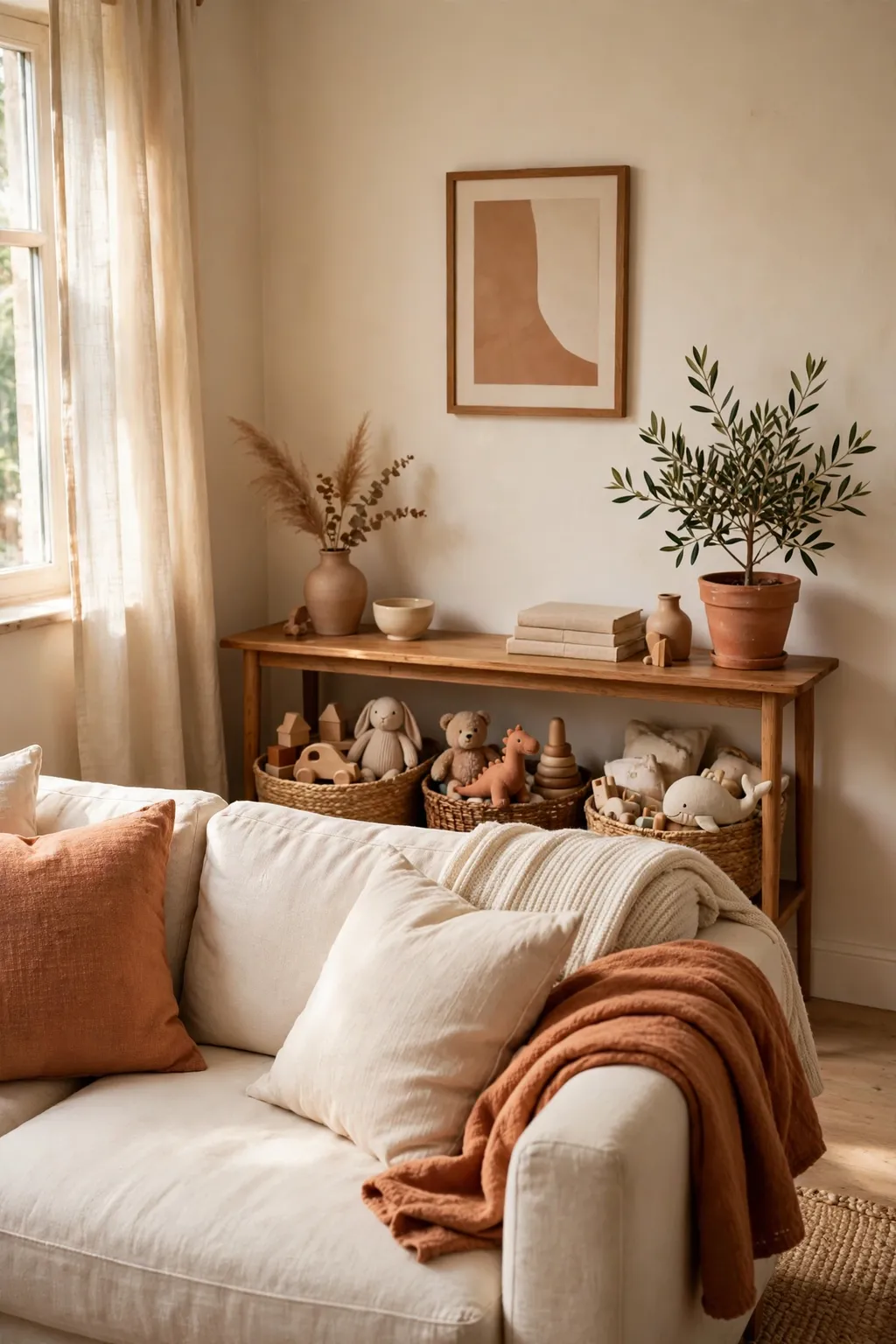 Slim console table behind a sofa with baskets of toys tucked underneath in a small living room