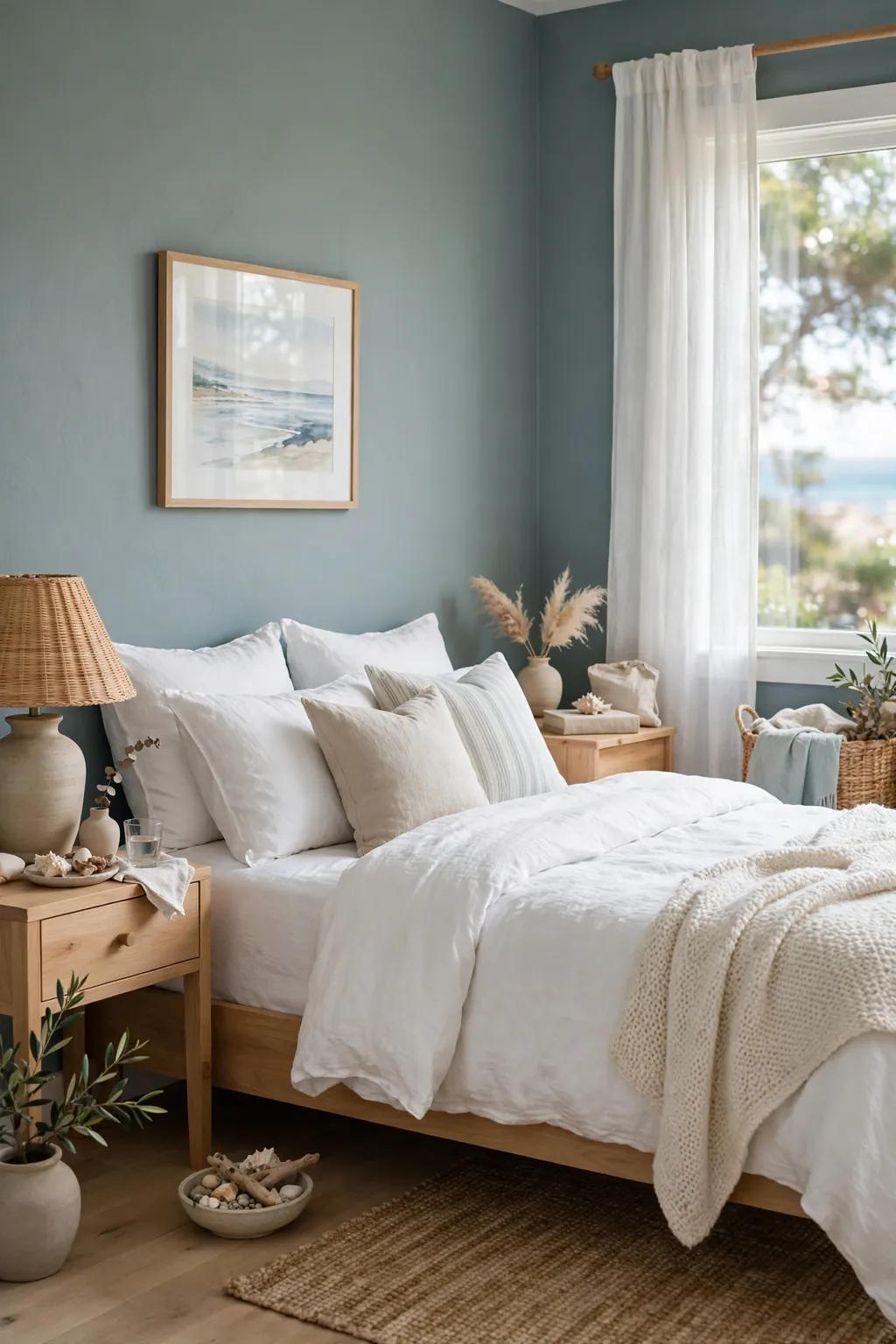Serene bedroom with blue-grey sage green walls and white linen bedding