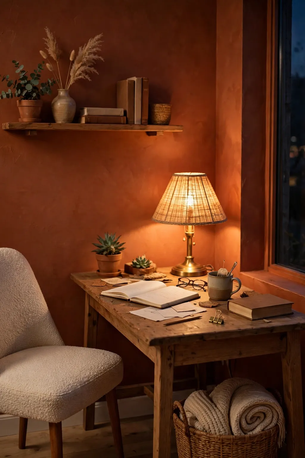 Home office painted cinnamon spice terracotta with a wooden desk and warm lamp