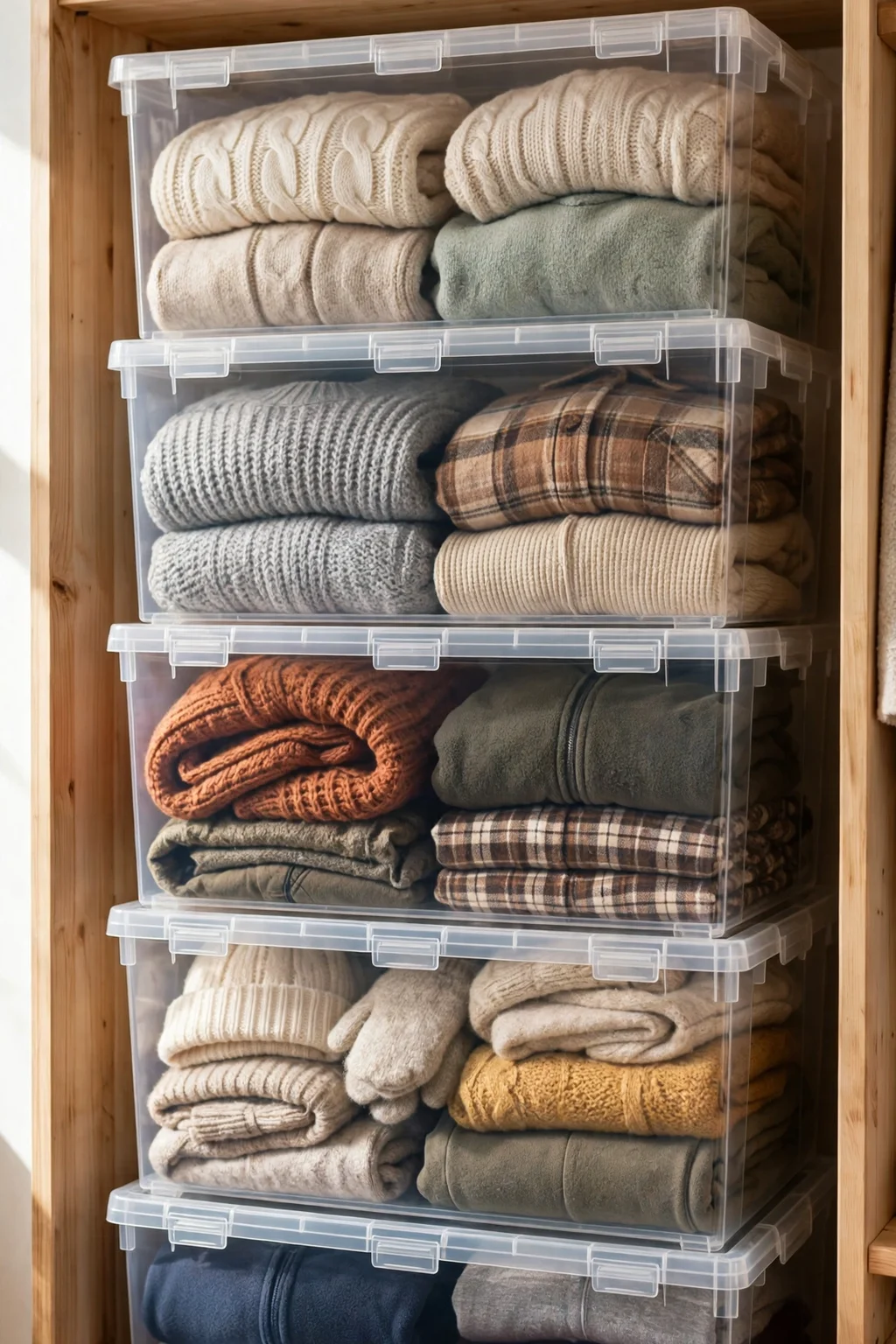 Clear stacking storage boxes with out-of-season clothes in a closet