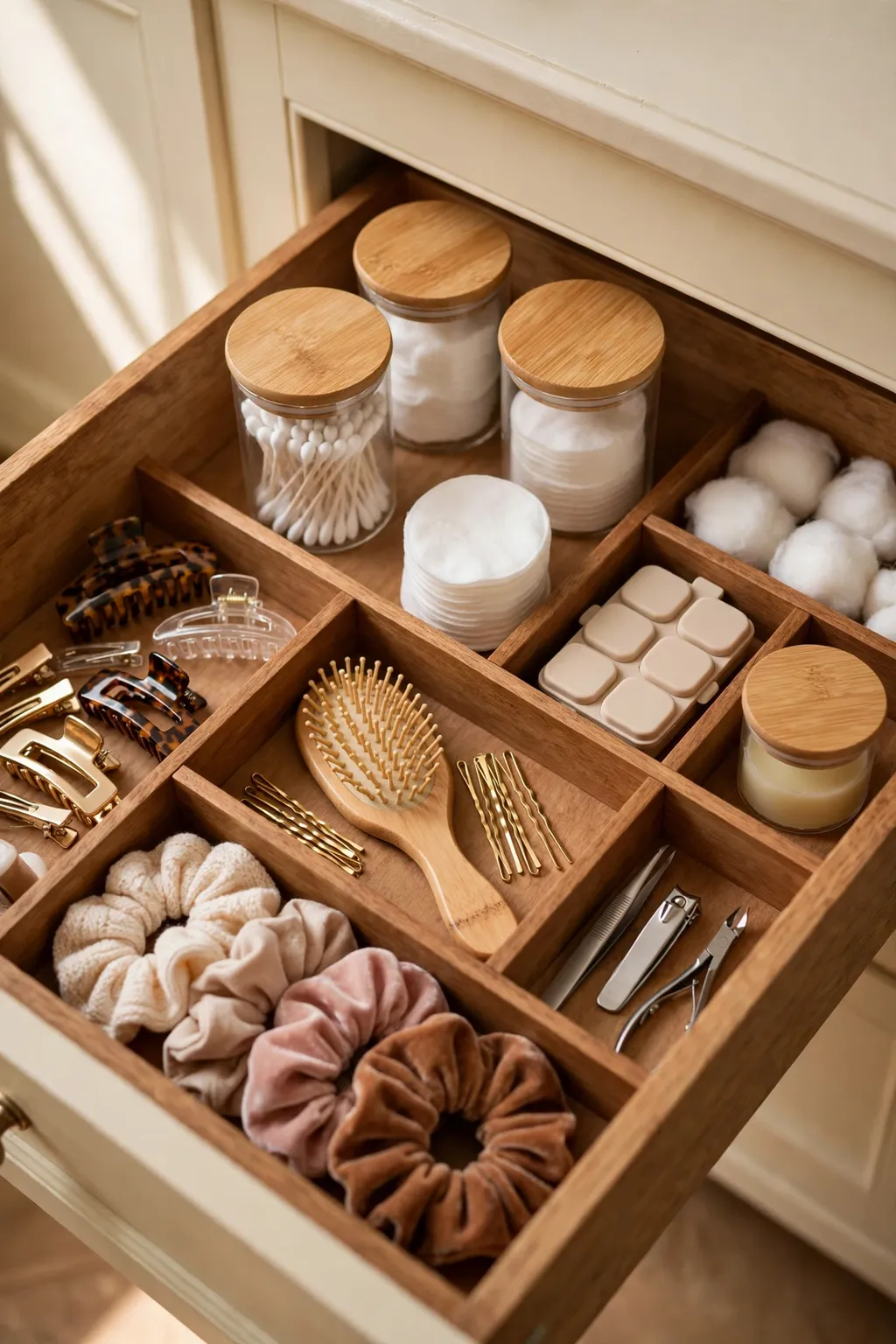 Open bathroom vanity drawer with dividers holding hair accessories, medicines and small toiletries