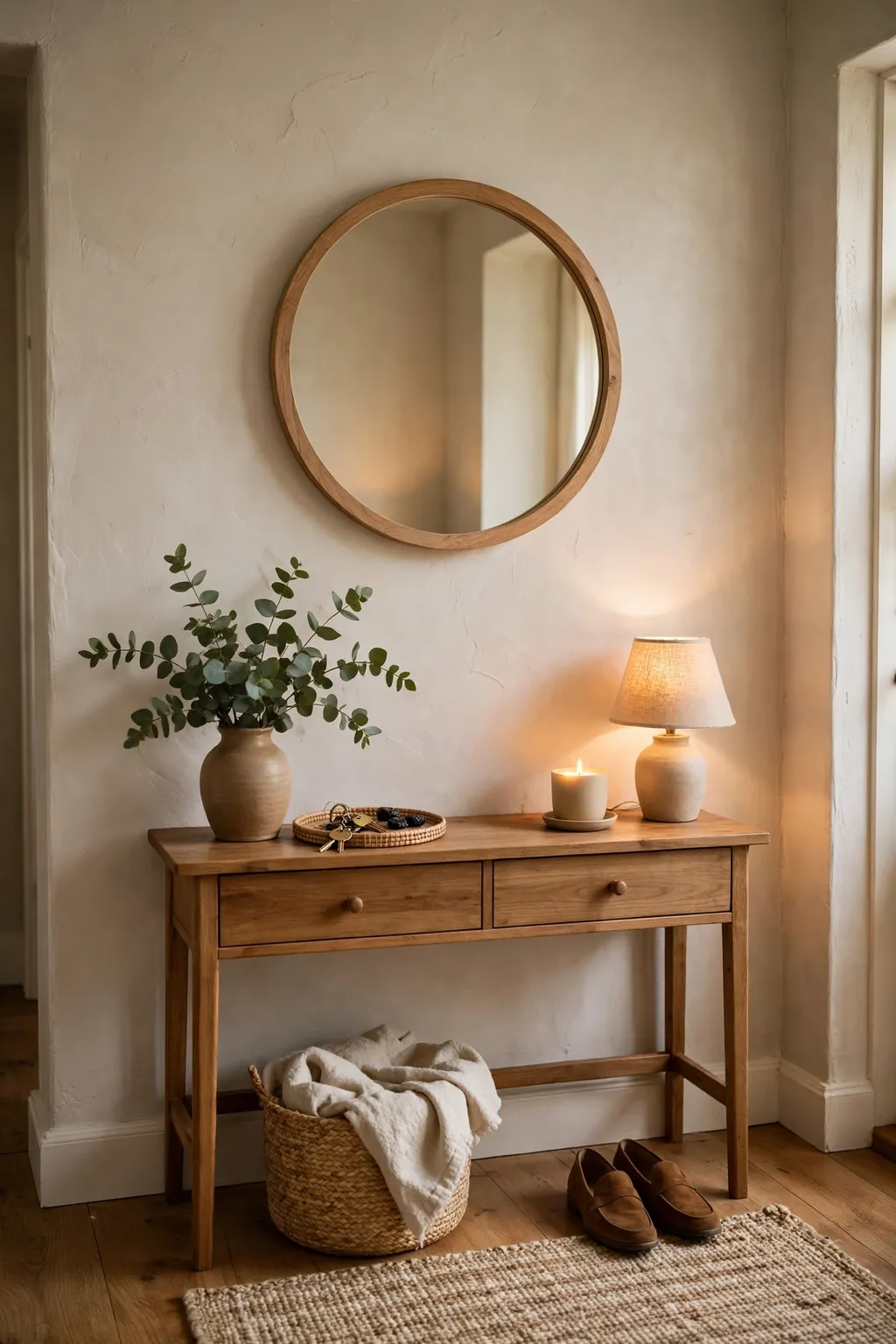 Round mirror with a simple wooden frame hanging above a console in an entryway