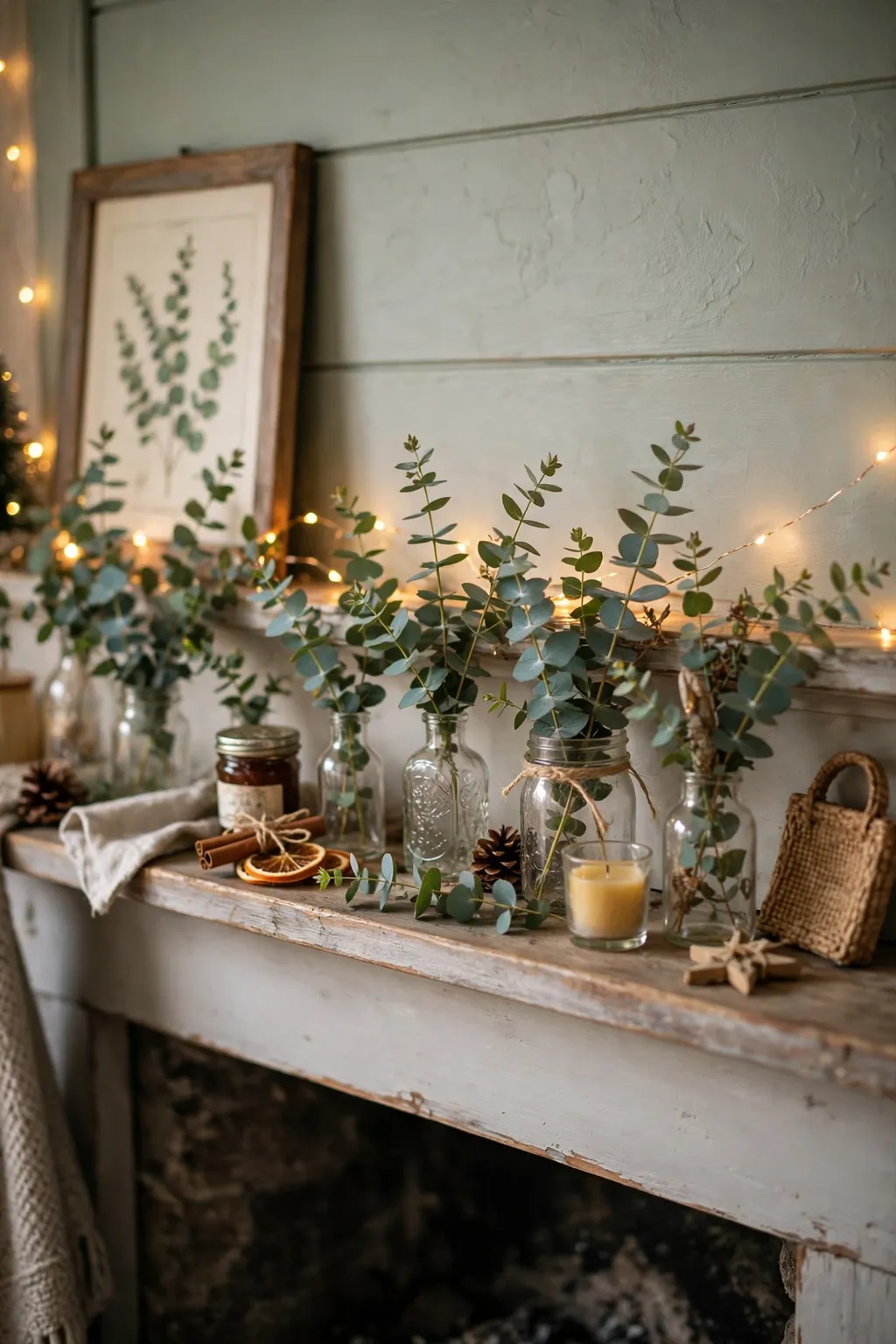 Fresh eucalyptus sprigs in glass jars on a Christmas mantel