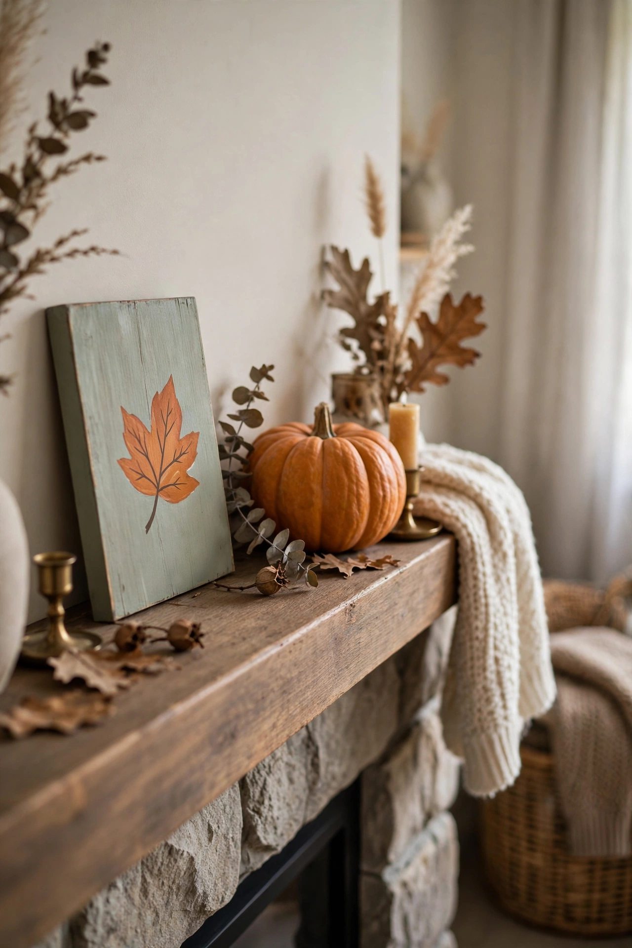 Painted wooden fall sign with a small leaf accent leaning on a mantel