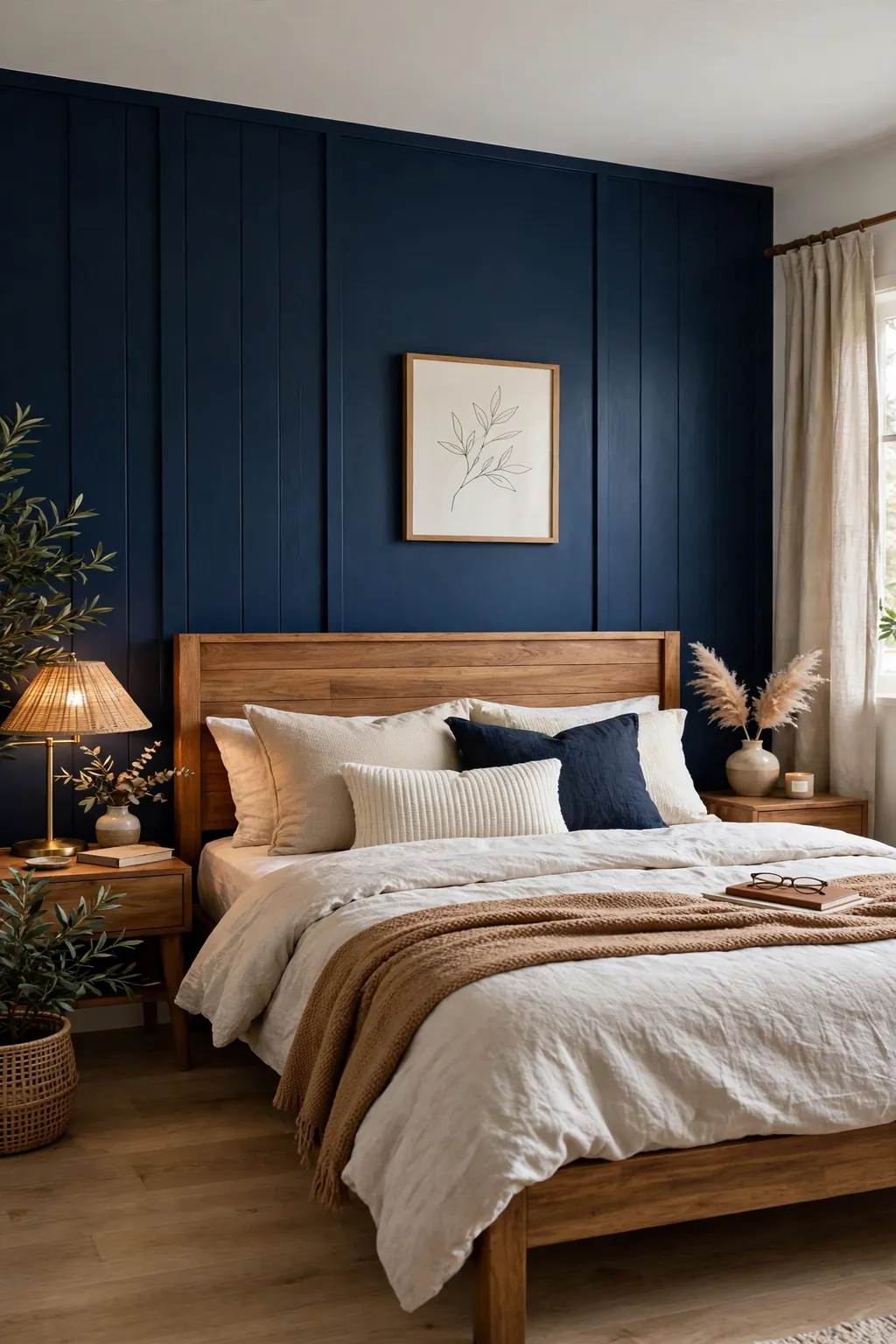 Bedroom accent wall in ink navy blue behind a wooden bed