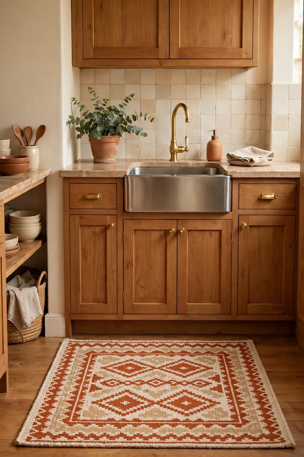 Patterned washable kitchen runner rug in terracotta and cream in a cozy kitchen